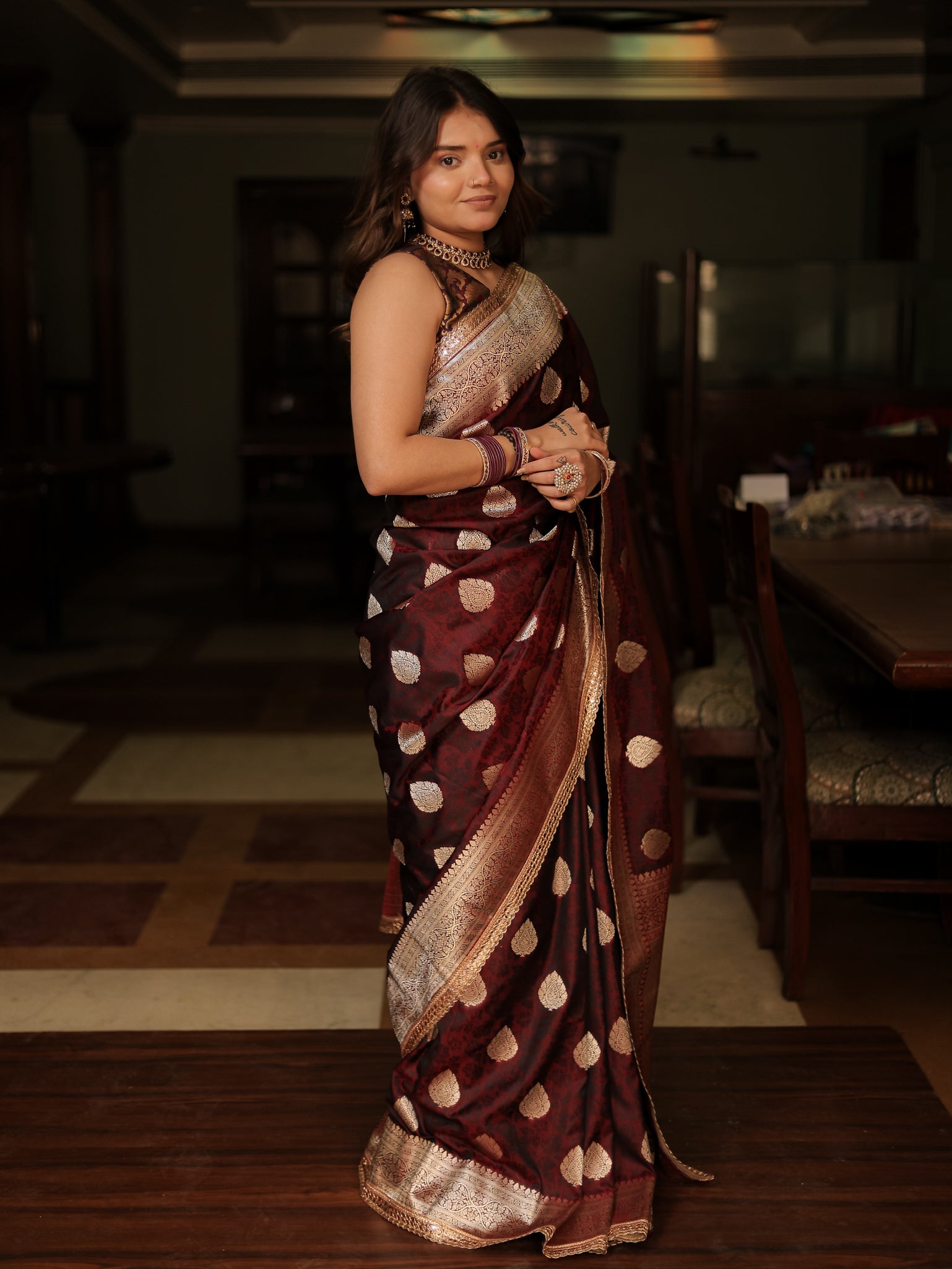 Wine Art Katan Silk Banarasi Saree with Zari Buta & Tanchoi Lace Border