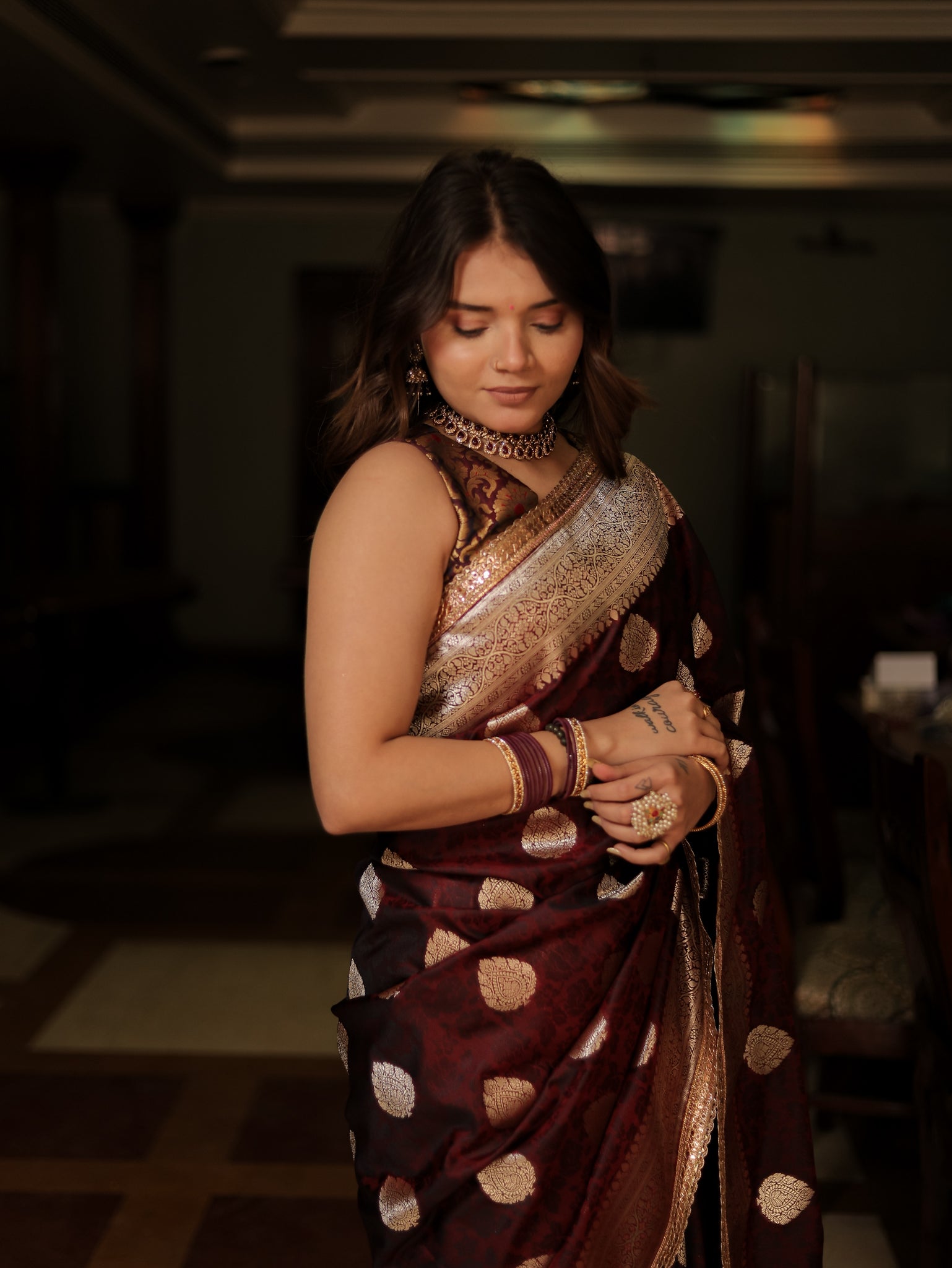 Wine Art Katan Silk Banarasi Saree with Zari Buta & Tanchoi Lace Border