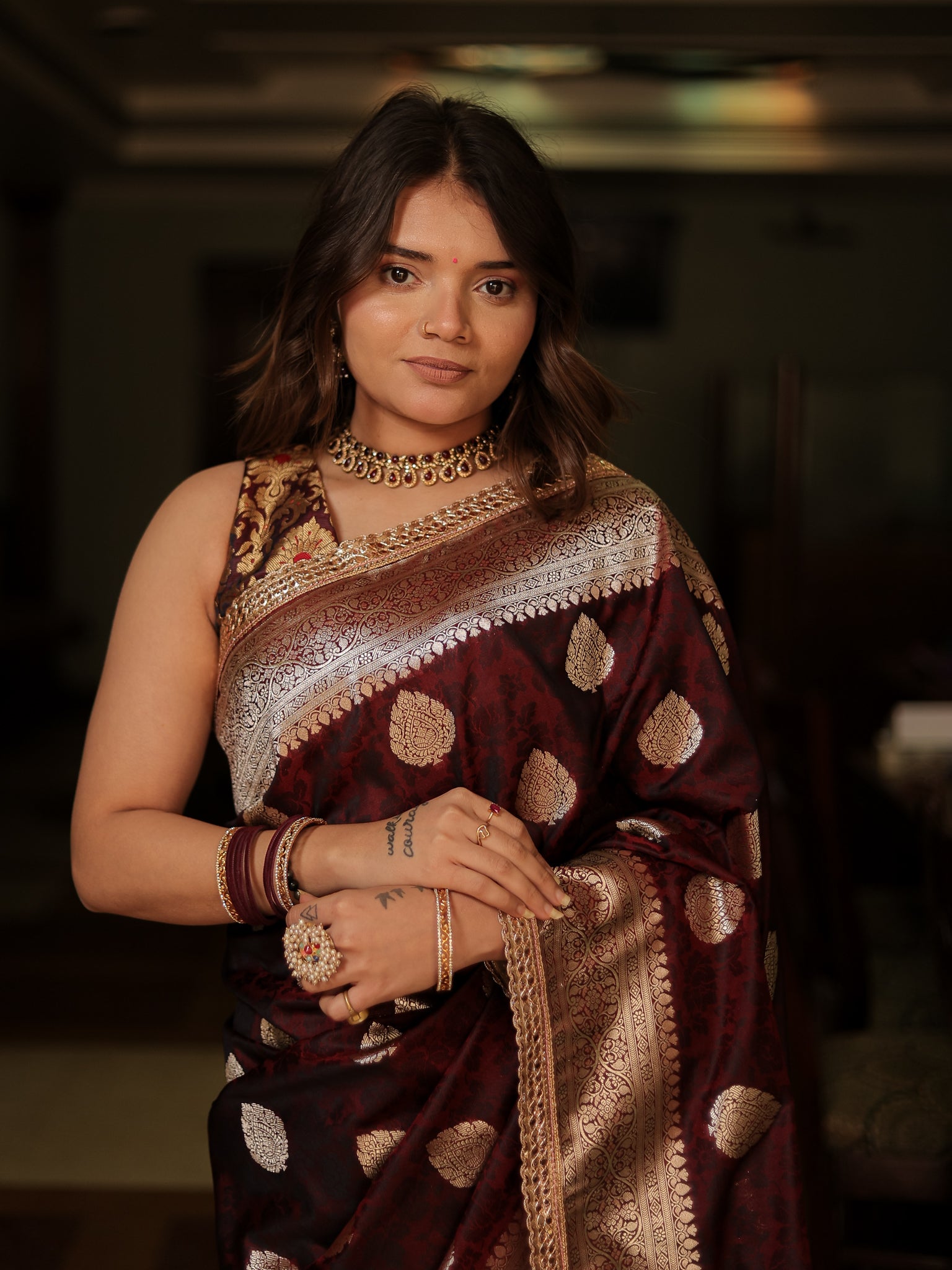 Wine Art Katan Silk Banarasi Saree with Zari Buta & Tanchoi Lace Border