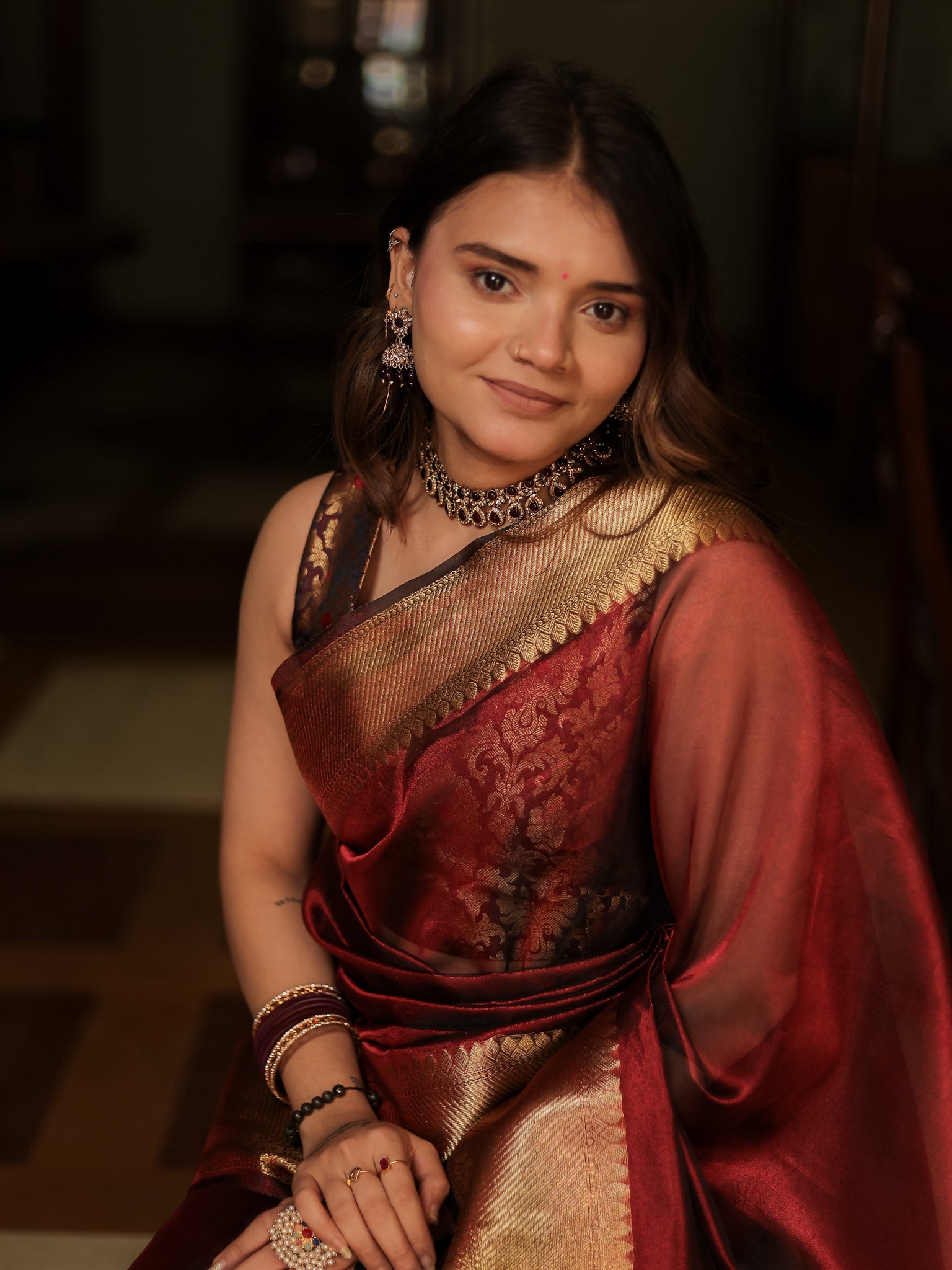 Banarasi Plain Tissue Saree With Zari Border- Brown