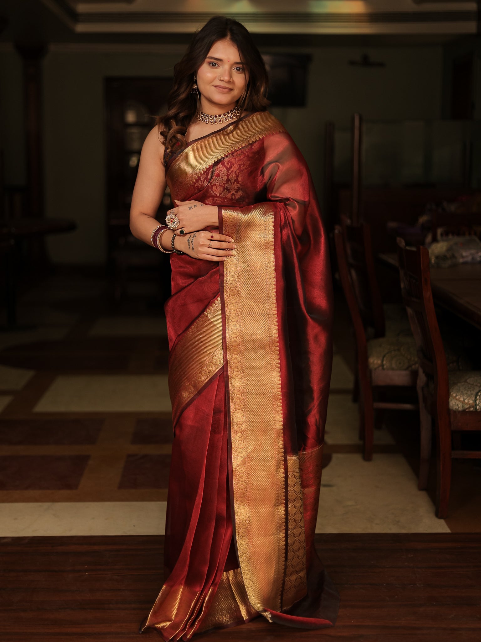 Banarasi Plain Tissue Saree With Zari Border- Brown