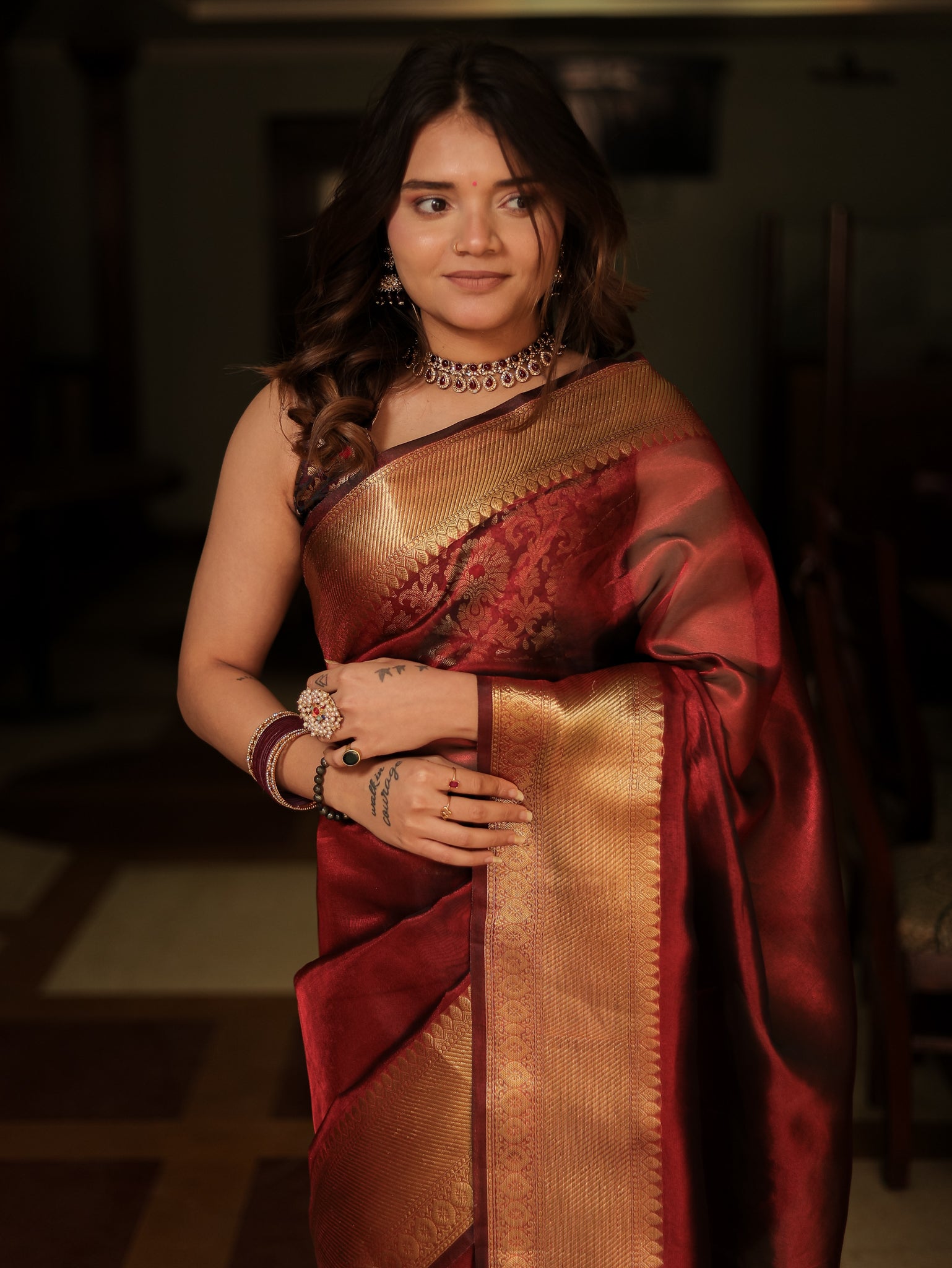Banarasi Plain Tissue Saree With Zari Border- Brown