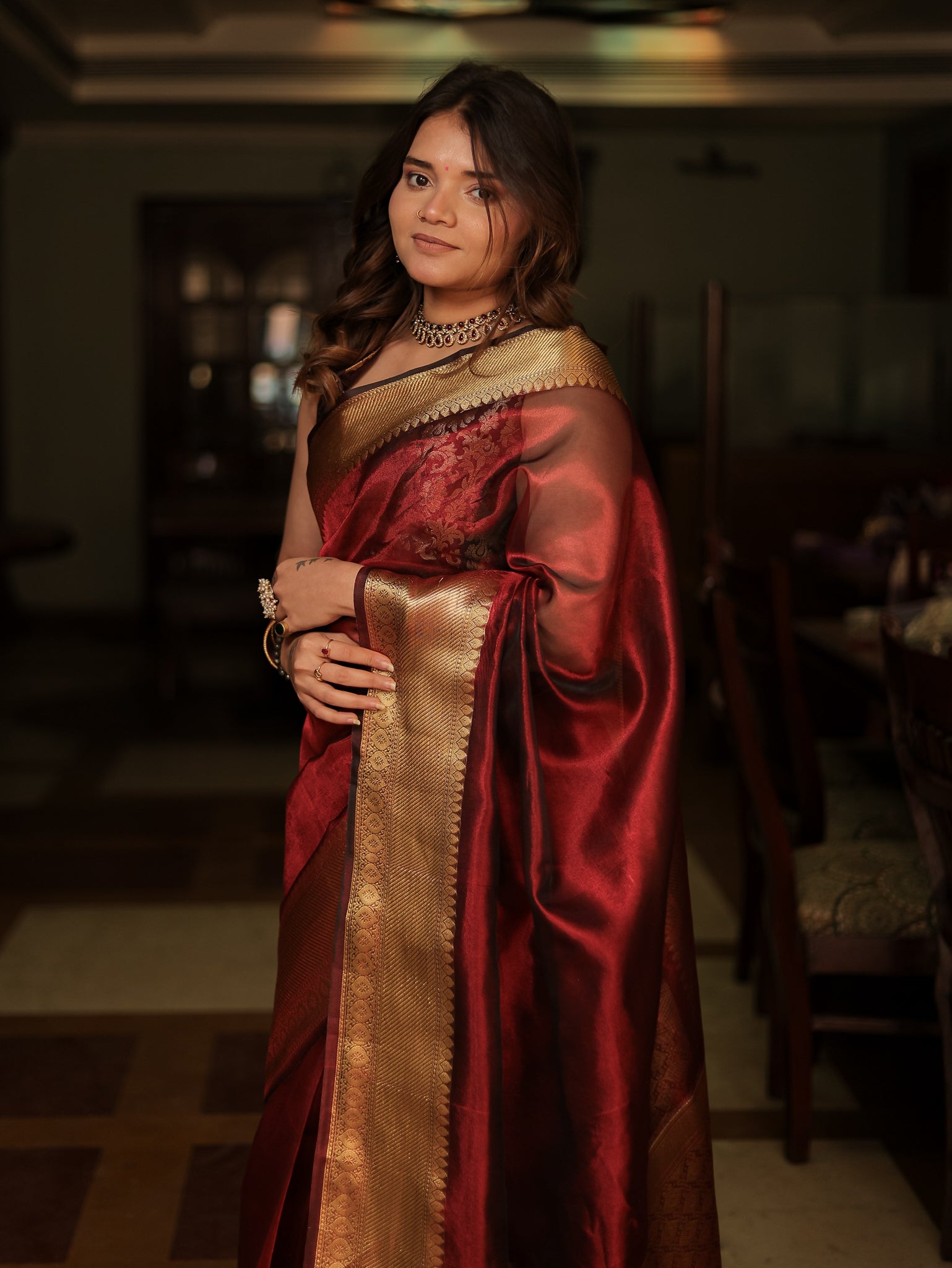 Banarasi Plain Tissue Saree With Zari Border- Brown