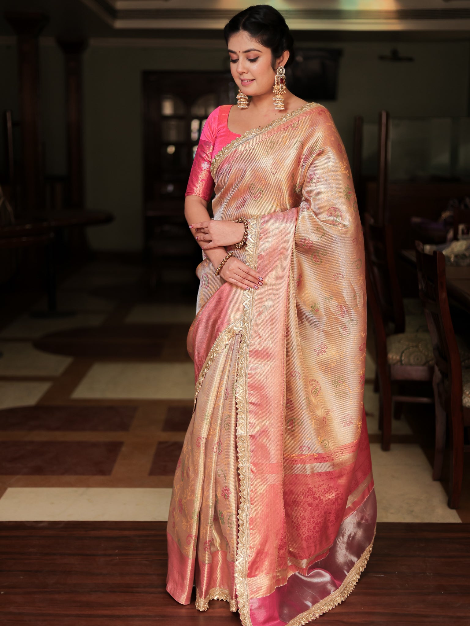 Banarasi Tissue Saree With Weaving & Lace Border- Silver