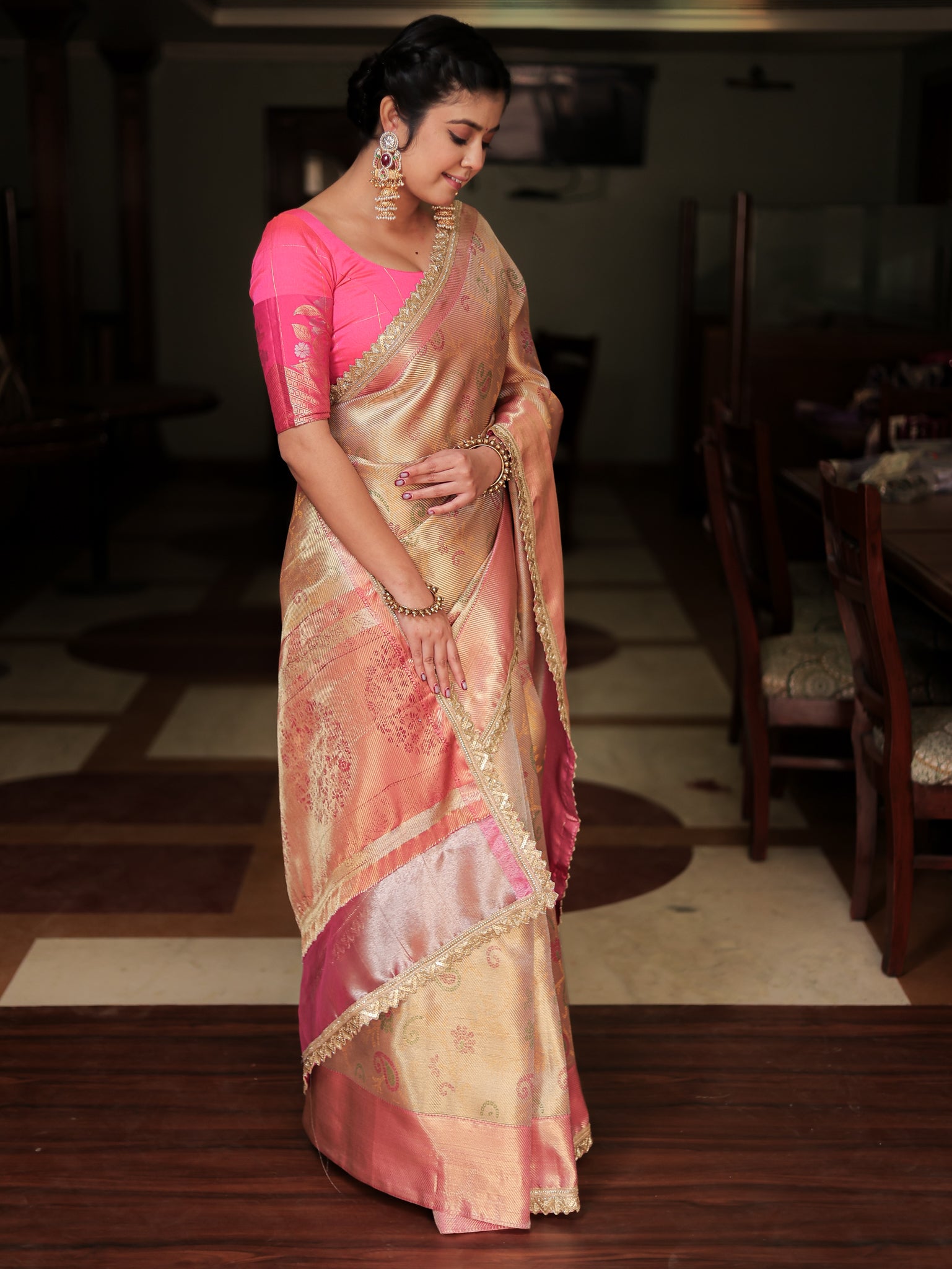 Banarasi Tissue Saree With Weaving & Lace Border- Silver