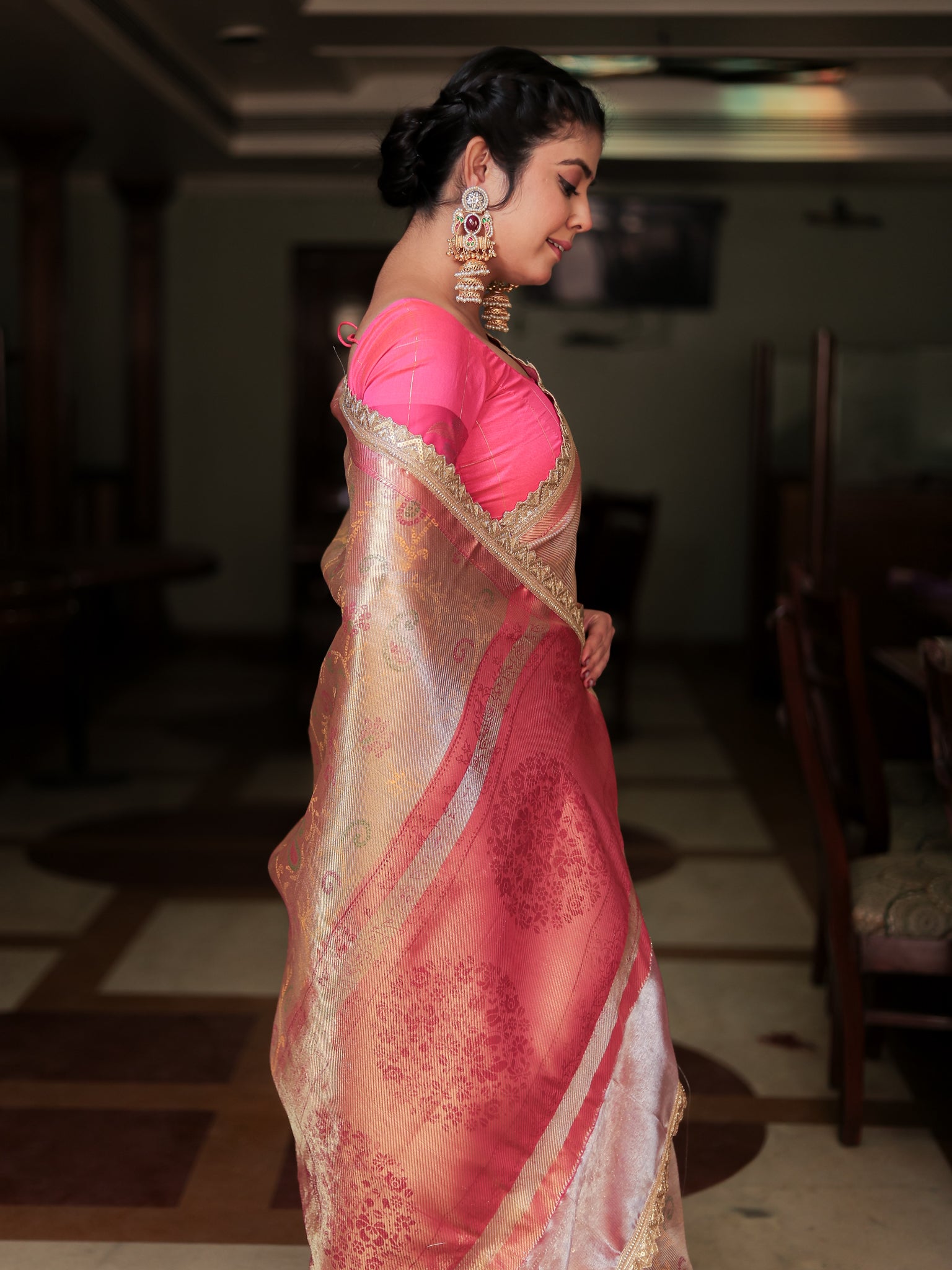 Banarasi Tissue Saree With Weaving & Lace Border- Silver