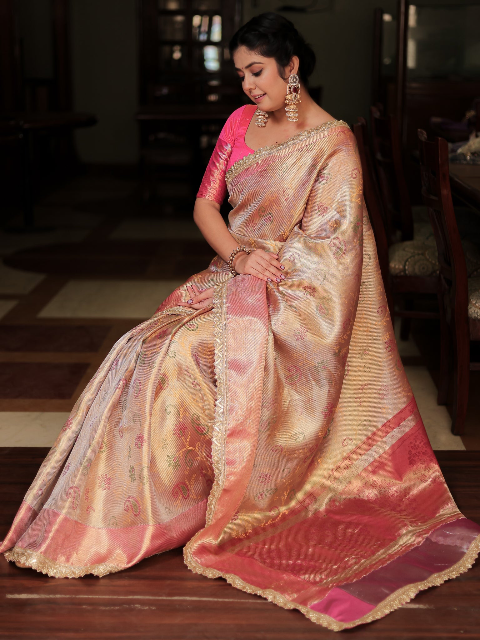 Banarasi Tissue Saree With Weaving & Lace Border- Silver
