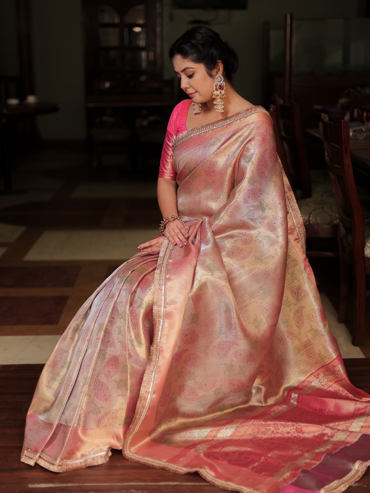 Banarasi Tissue Saree With Weaving & Lace Border- Silver