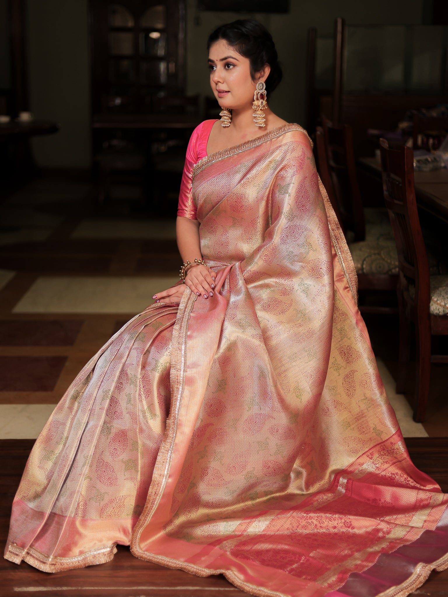 Banarasi Tissue Saree With Weaving & Lace Border- Silver