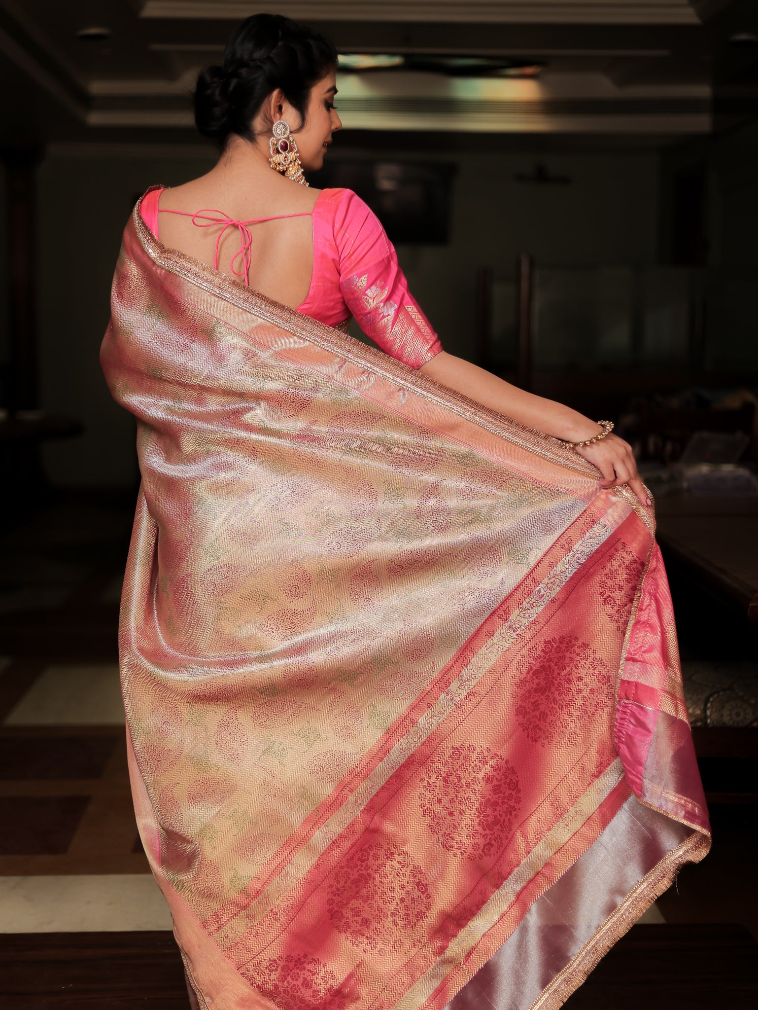 Banarasi Tissue Saree With Weaving & Lace Border- Silver