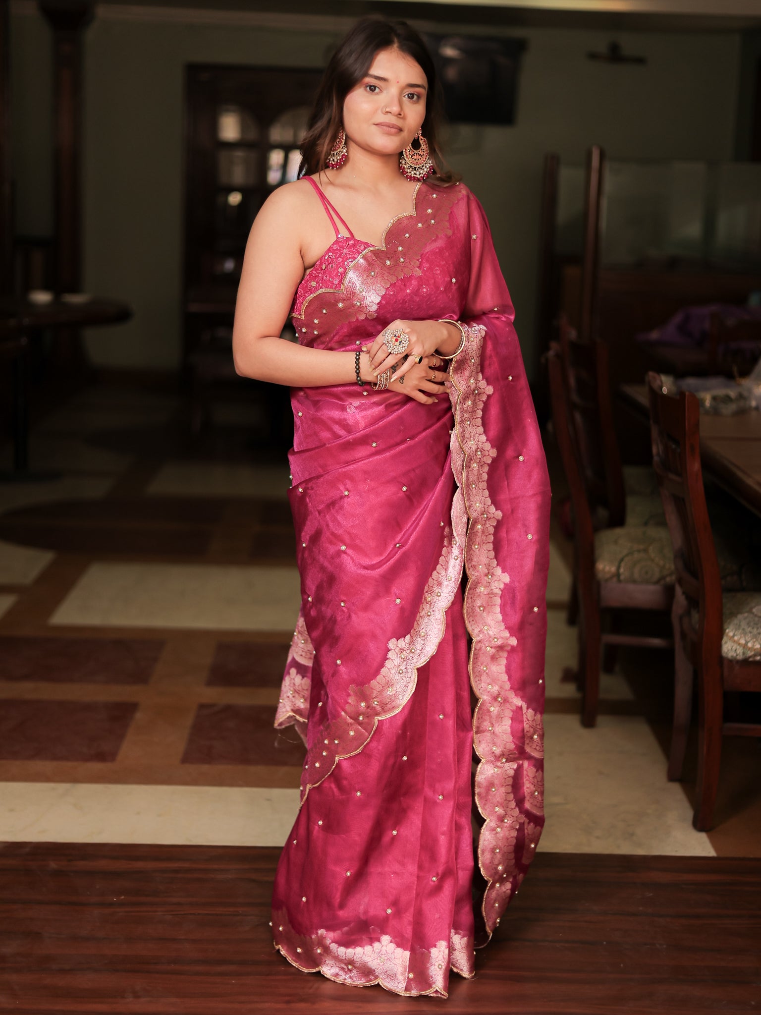 Banarasi Tissue Saree With Zari Weaving & Scallop Border - Magenta