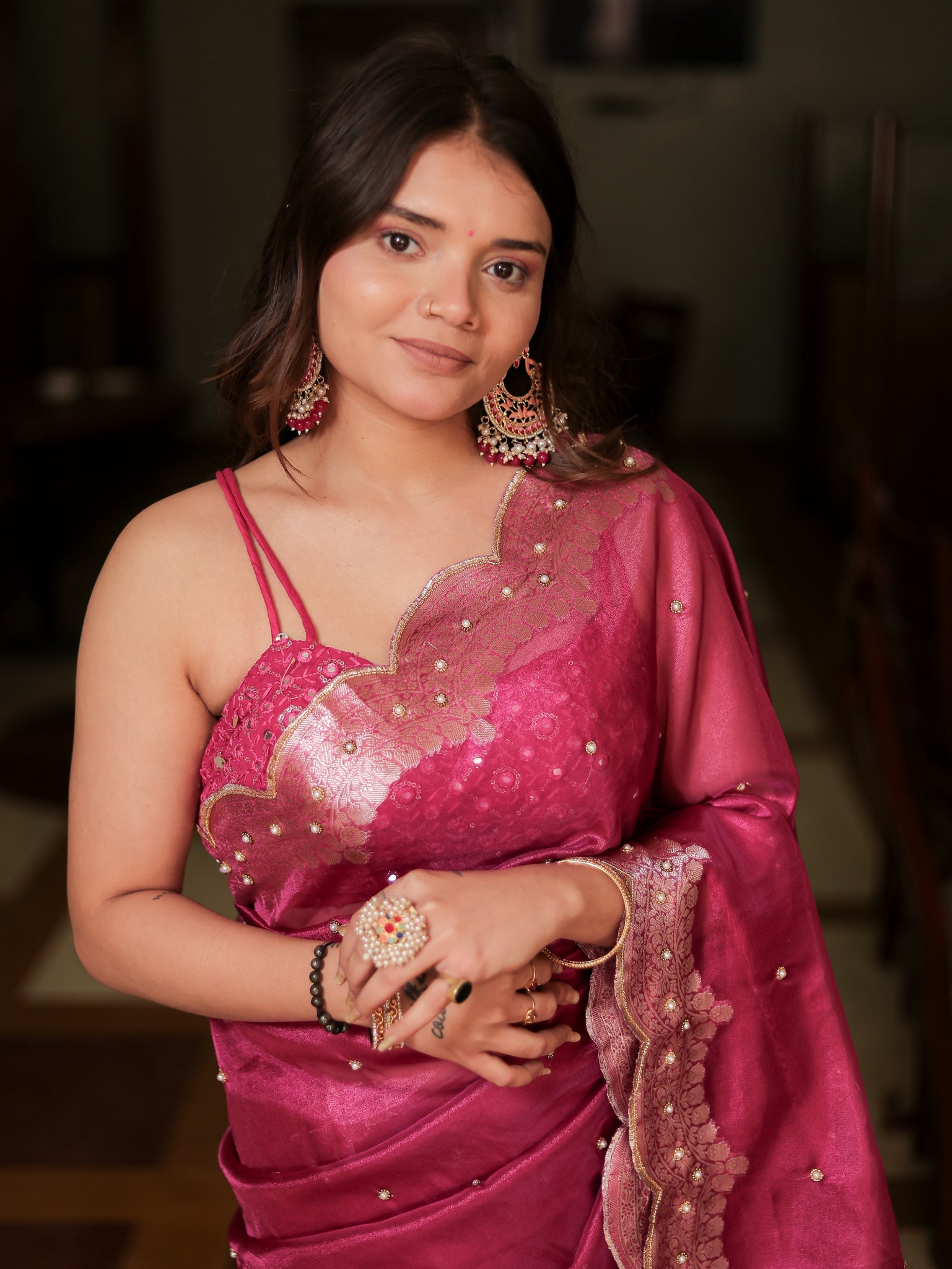 Banarasi Tissue Saree With Zari Weaving & Scallop Border - Magenta