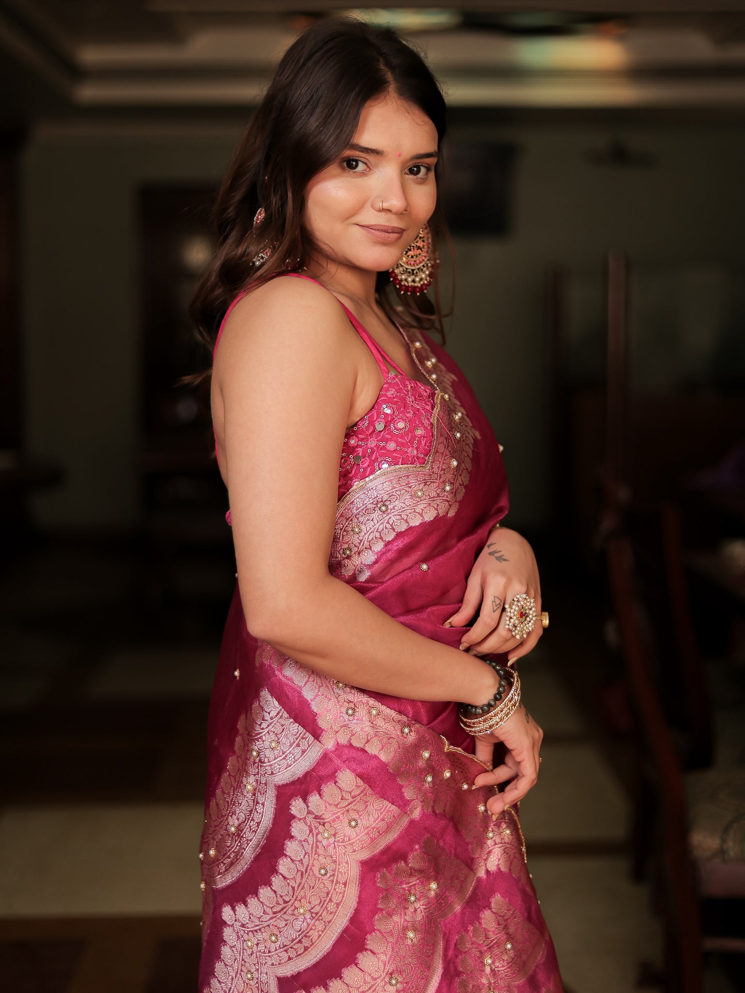 Banarasi Tissue Saree With Zari Weaving & Scallop Border - Magenta