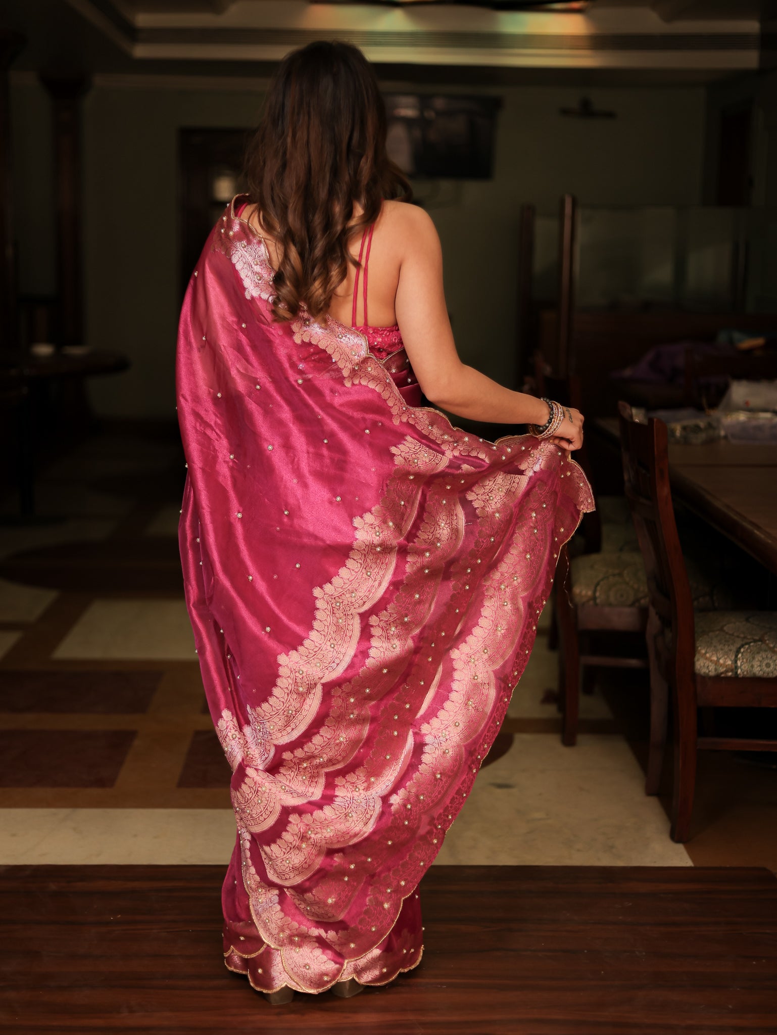 Banarasi Tissue Saree With Zari Weaving & Scallop Border - Magenta