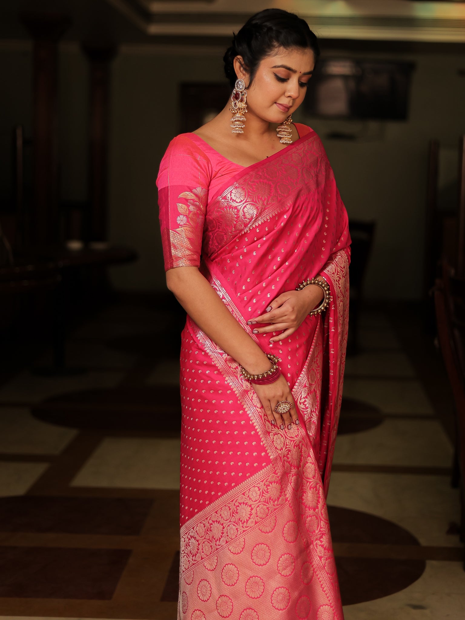 Soft Banarasi Semi Silk Saree For Functions & Gifting-Magenta