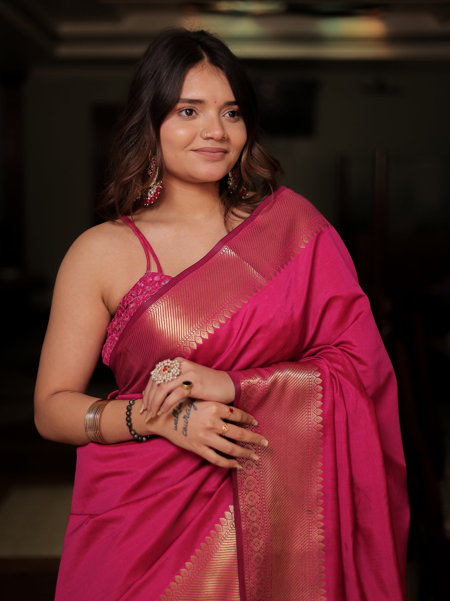 Banarasi Plain Cotton Silk Saree With Zari Border- Magenta