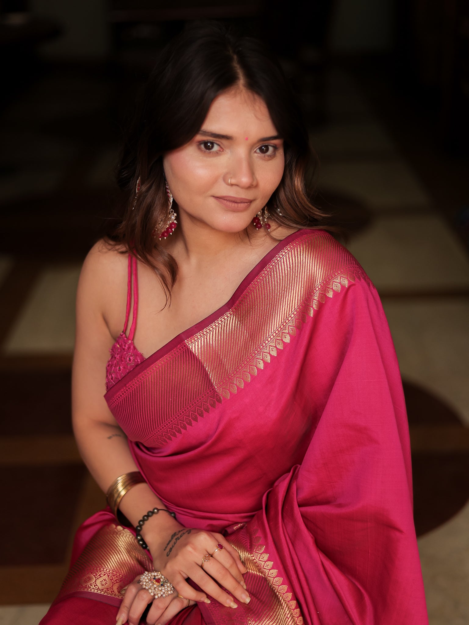 Banarasi Plain Cotton Silk Saree With Zari Border- Magenta