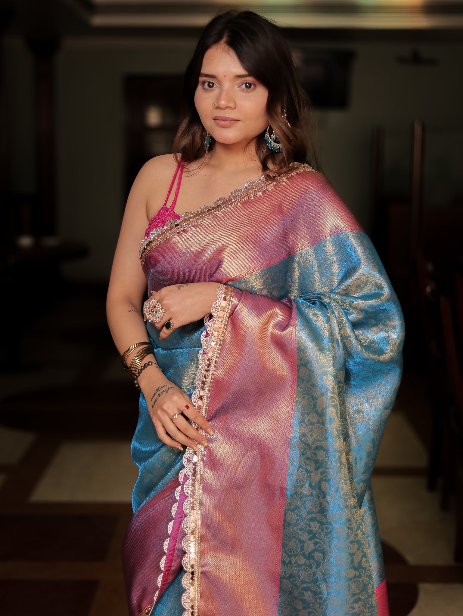 Blue Zari Banarasi Tissue Saree with Weaving & Lace Border