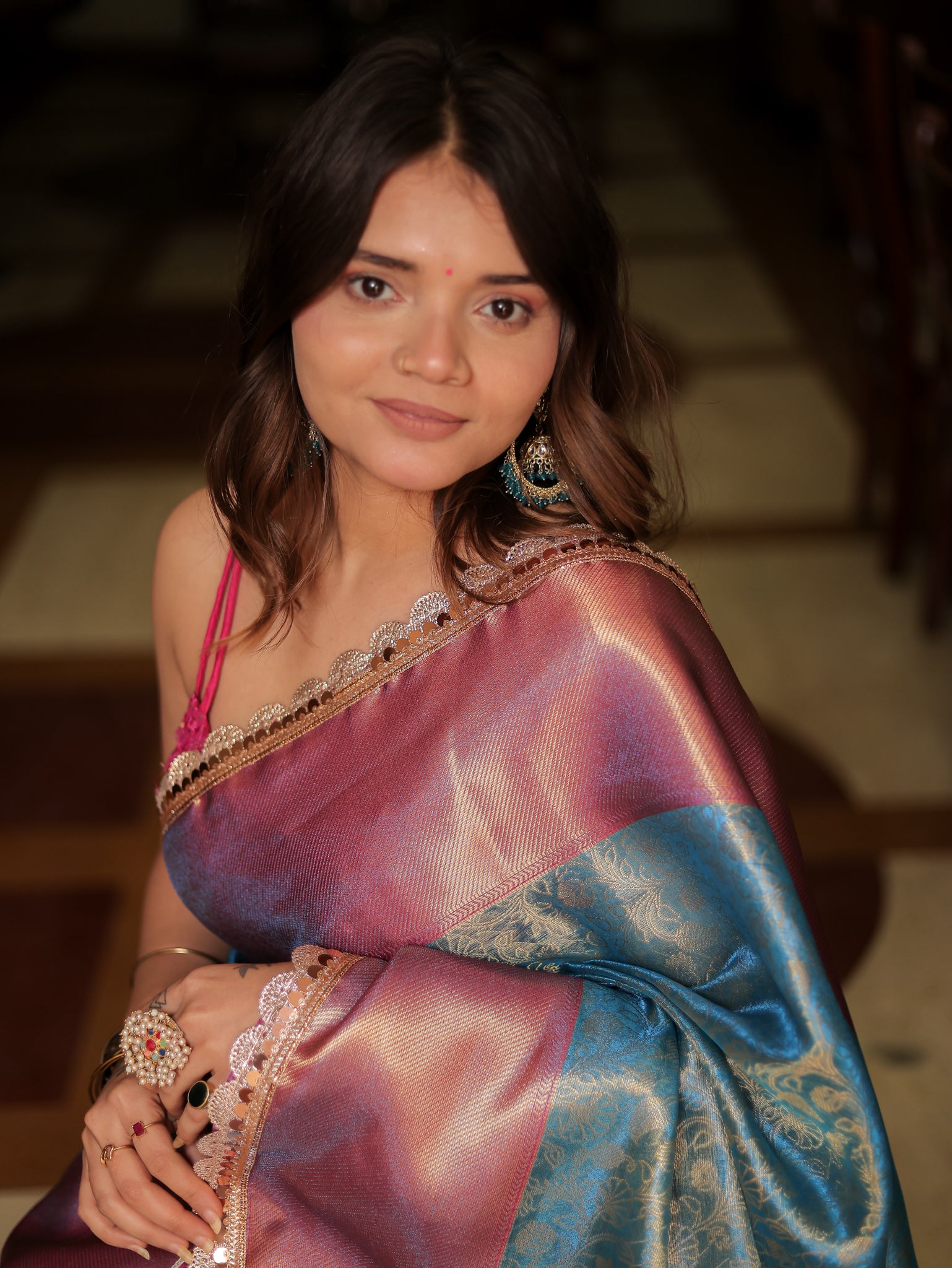 Blue Zari Banarasi Tissue Saree with Weaving & Lace Border