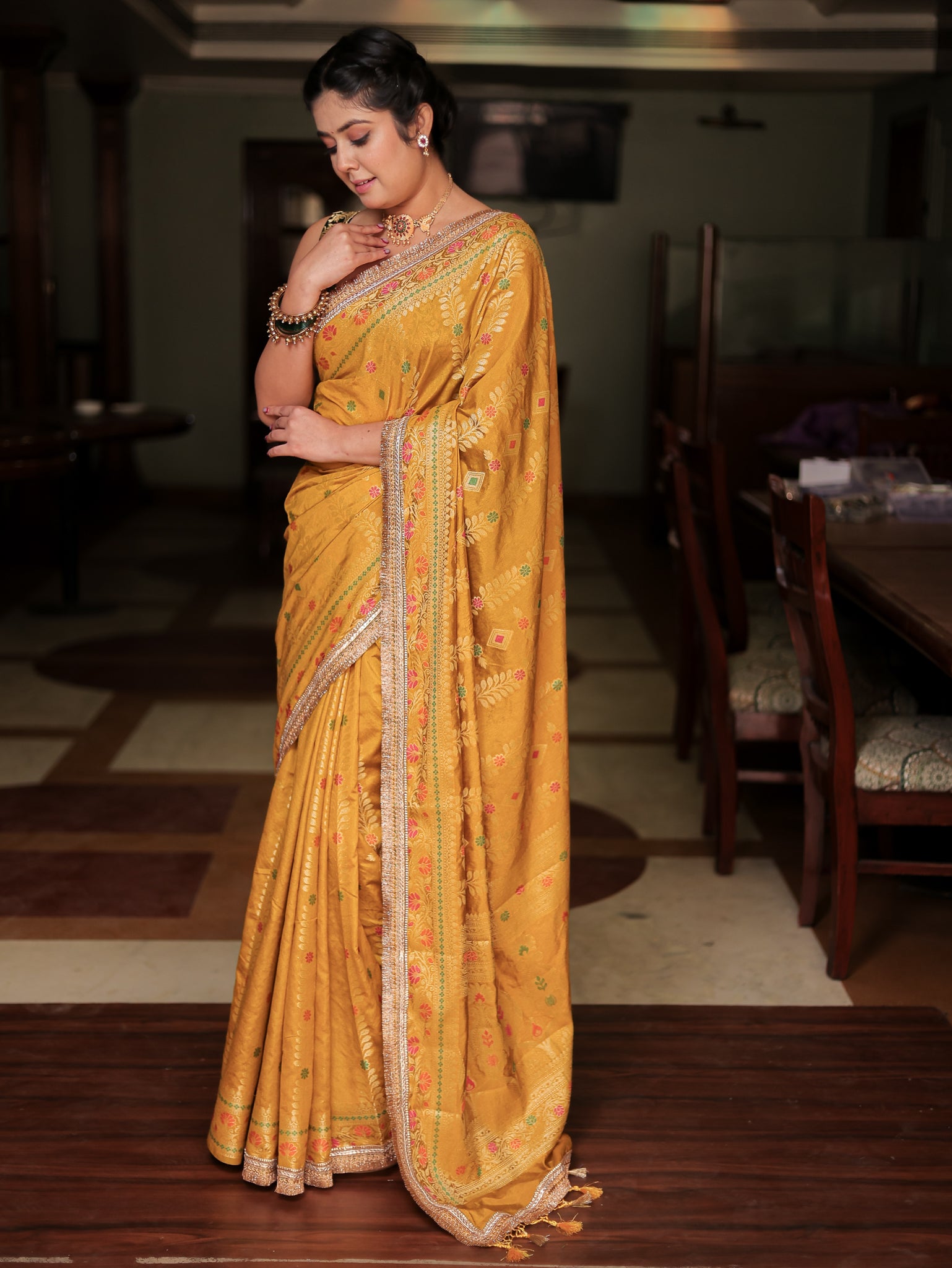 Banarasi Semi Silk Saree With Weaving & Lace Border- Yellow