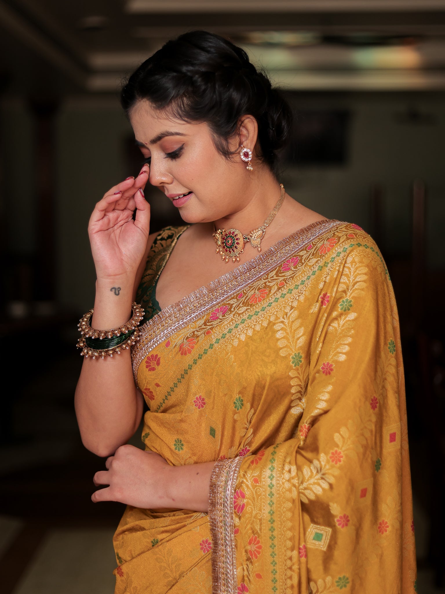 Banarasi Semi Silk Saree With Weaving & Lace Border- Yellow