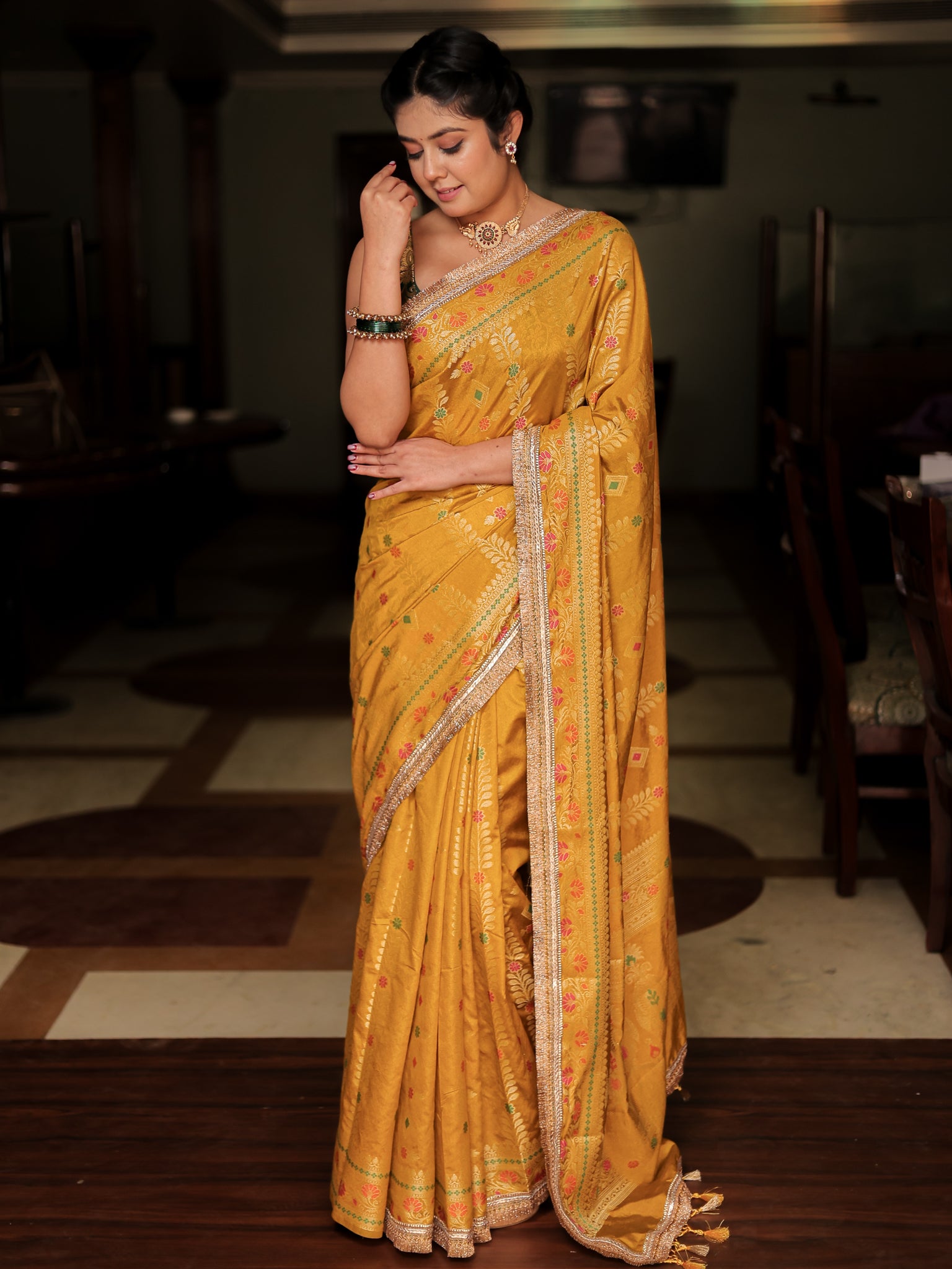 Banarasi Semi Silk Saree With Weaving & Lace Border- Yellow