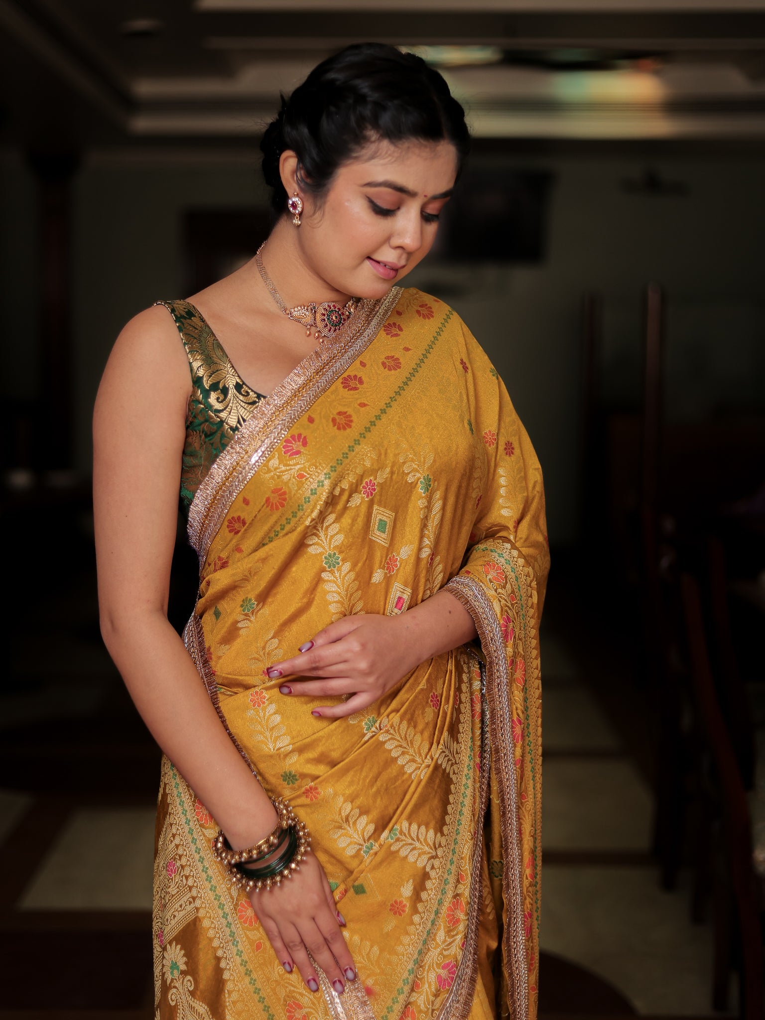 Banarasi Semi Silk Saree With Weaving & Lace Border- Yellow