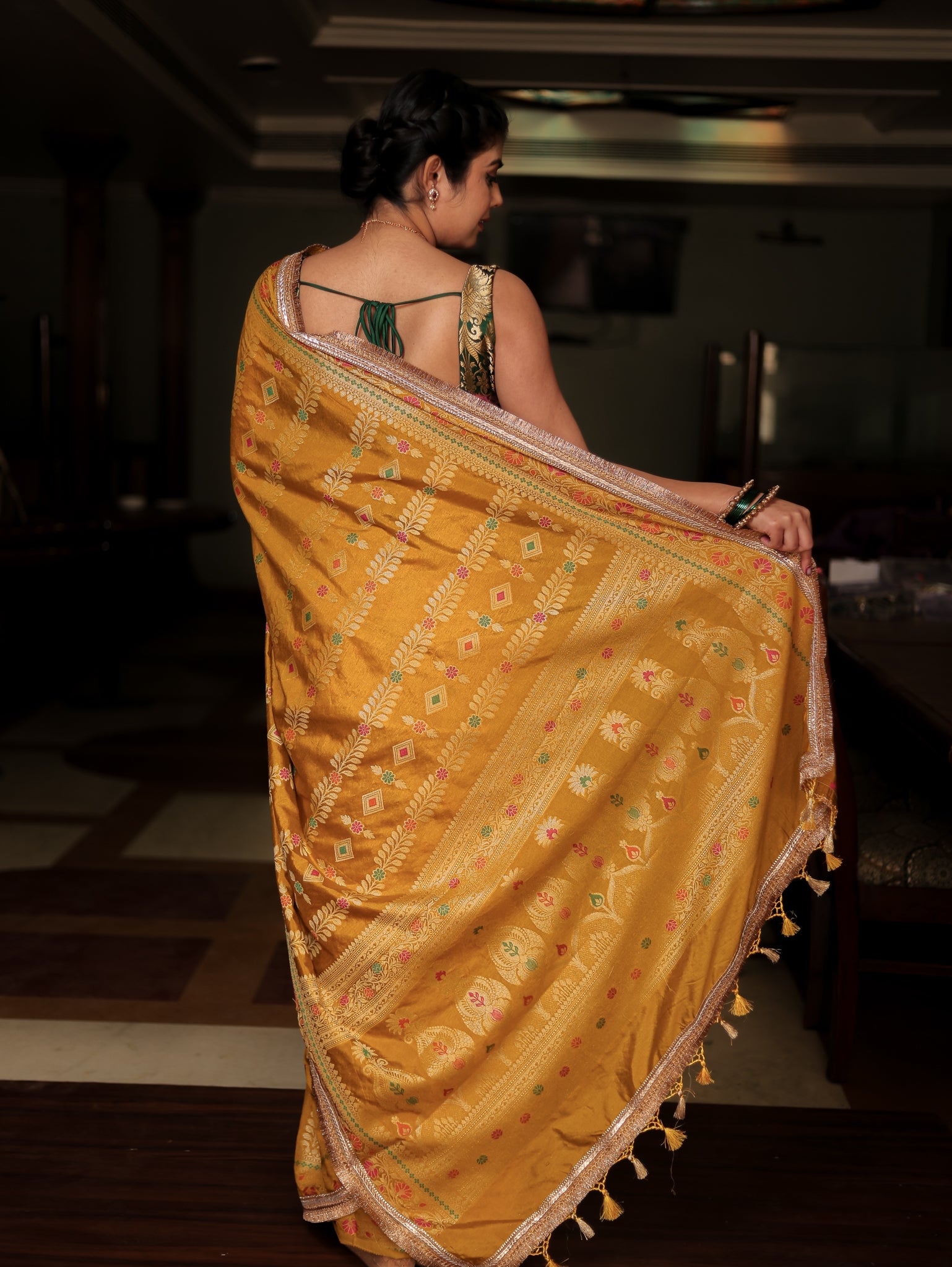 Banarasi Semi Silk Saree With Weaving & Lace Border- Yellow
