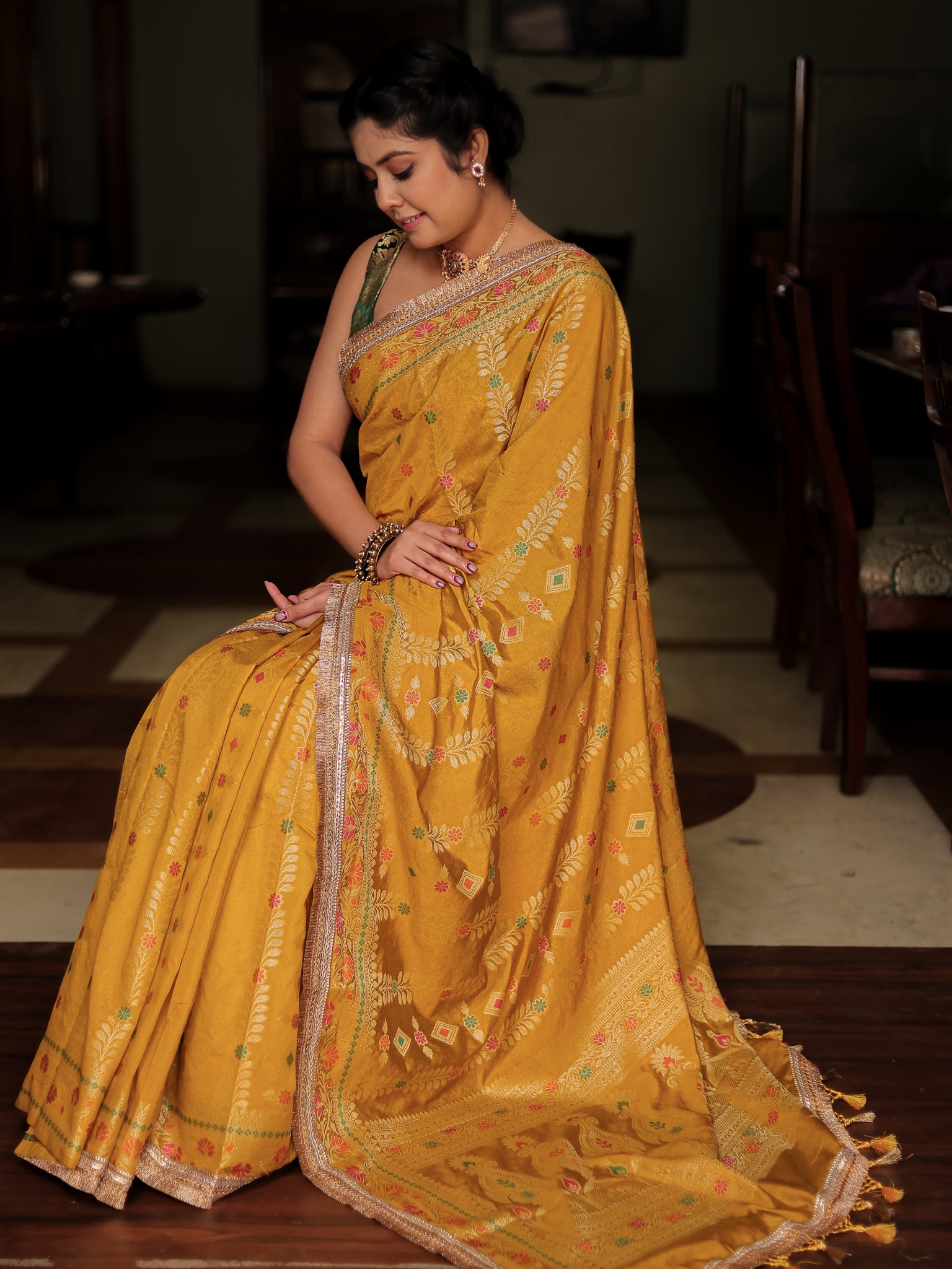 Banarasi Semi Silk Saree With Weaving & Lace Border- Yellow
