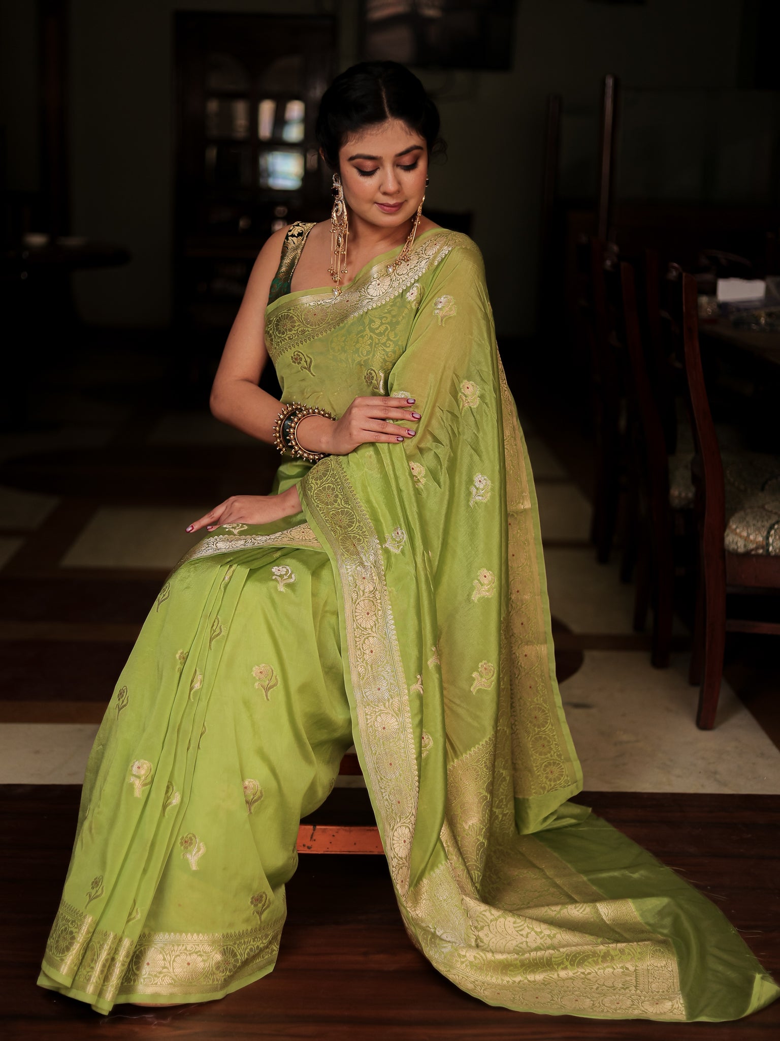 Banarasi Soft Cotton Saree with Floral Weaving & Border- Green