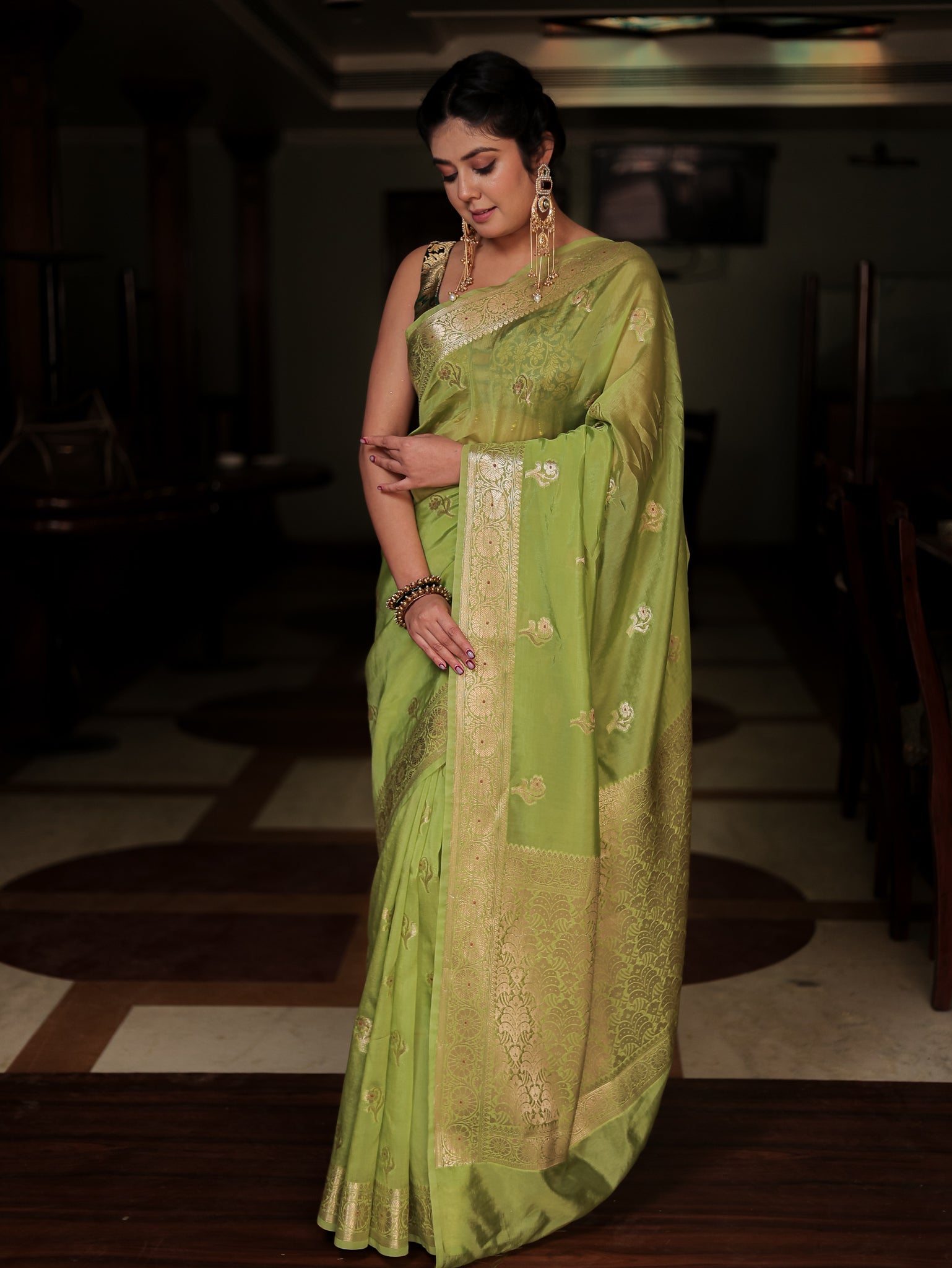 Banarasi Soft Cotton Saree with Floral Weaving & Border- Green