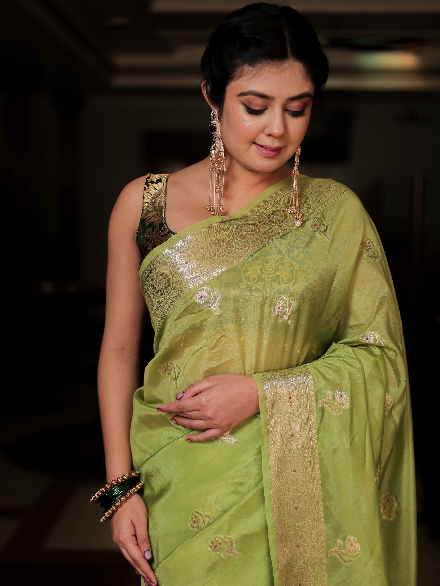 Banarasi Soft Cotton Saree with Floral Weaving & Border- Green