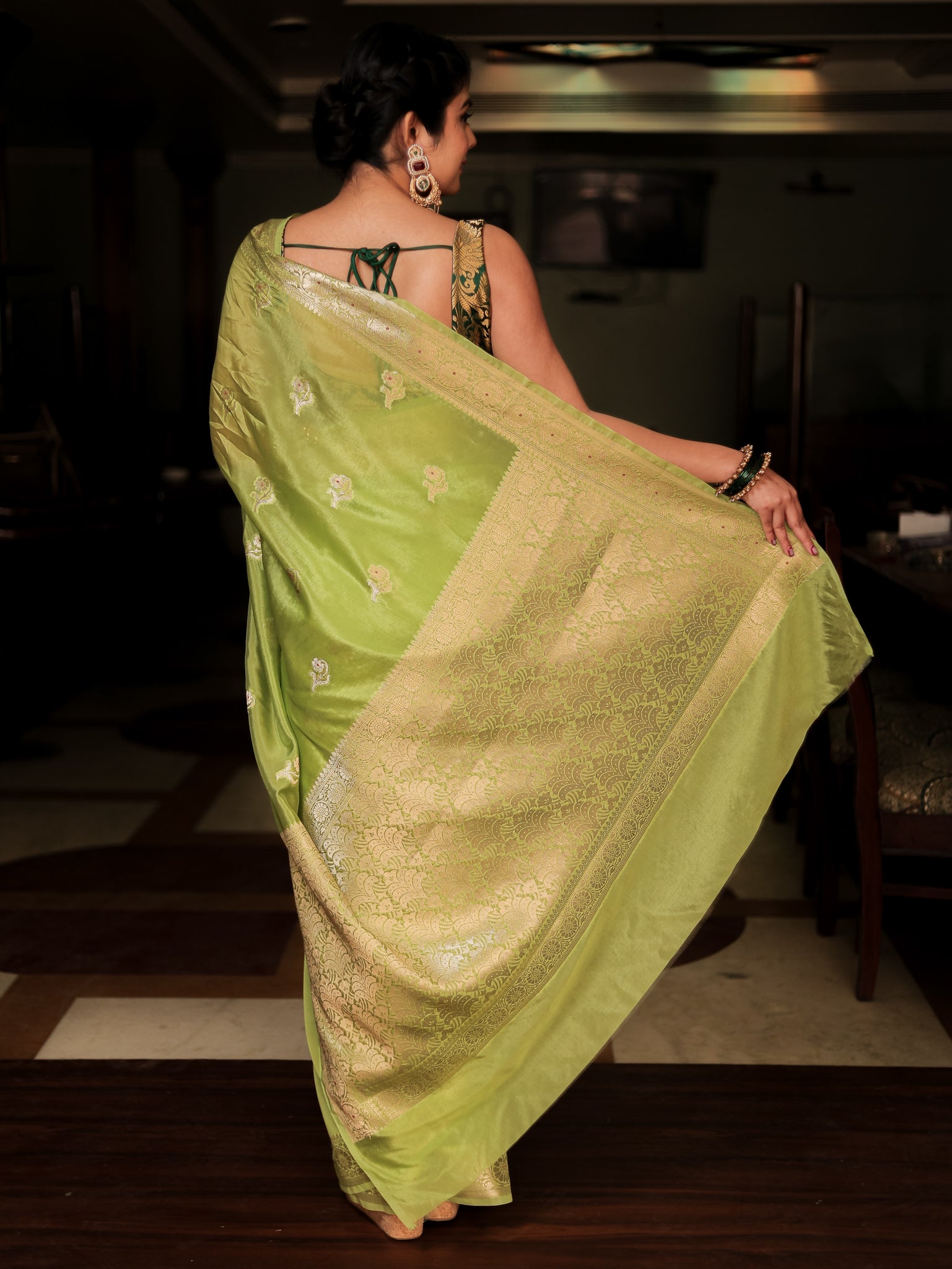 Banarasi Soft Cotton Saree with Floral Weaving & Border- Green