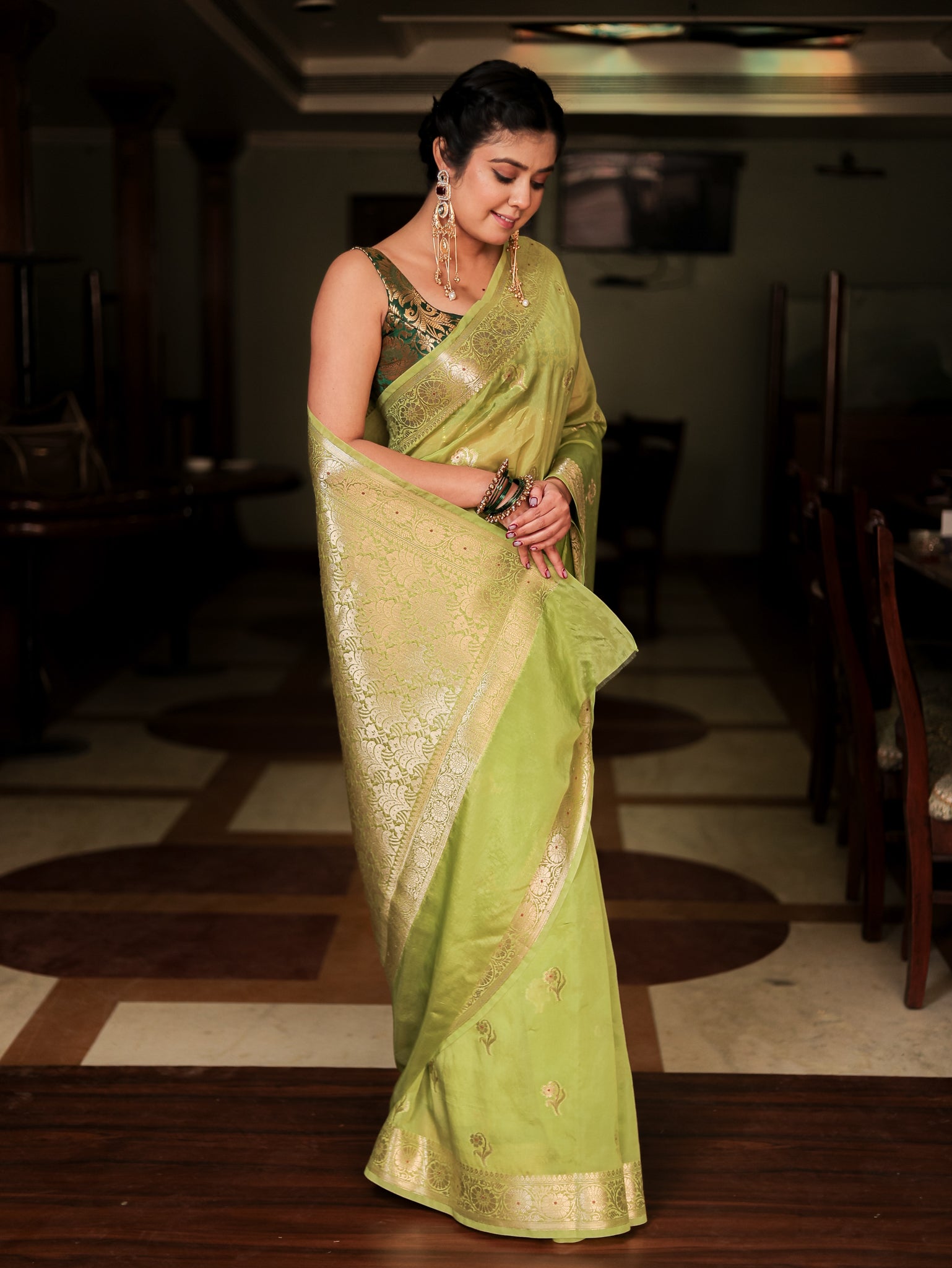 Banarasi Soft Cotton Saree with Floral Weaving & Border- Green