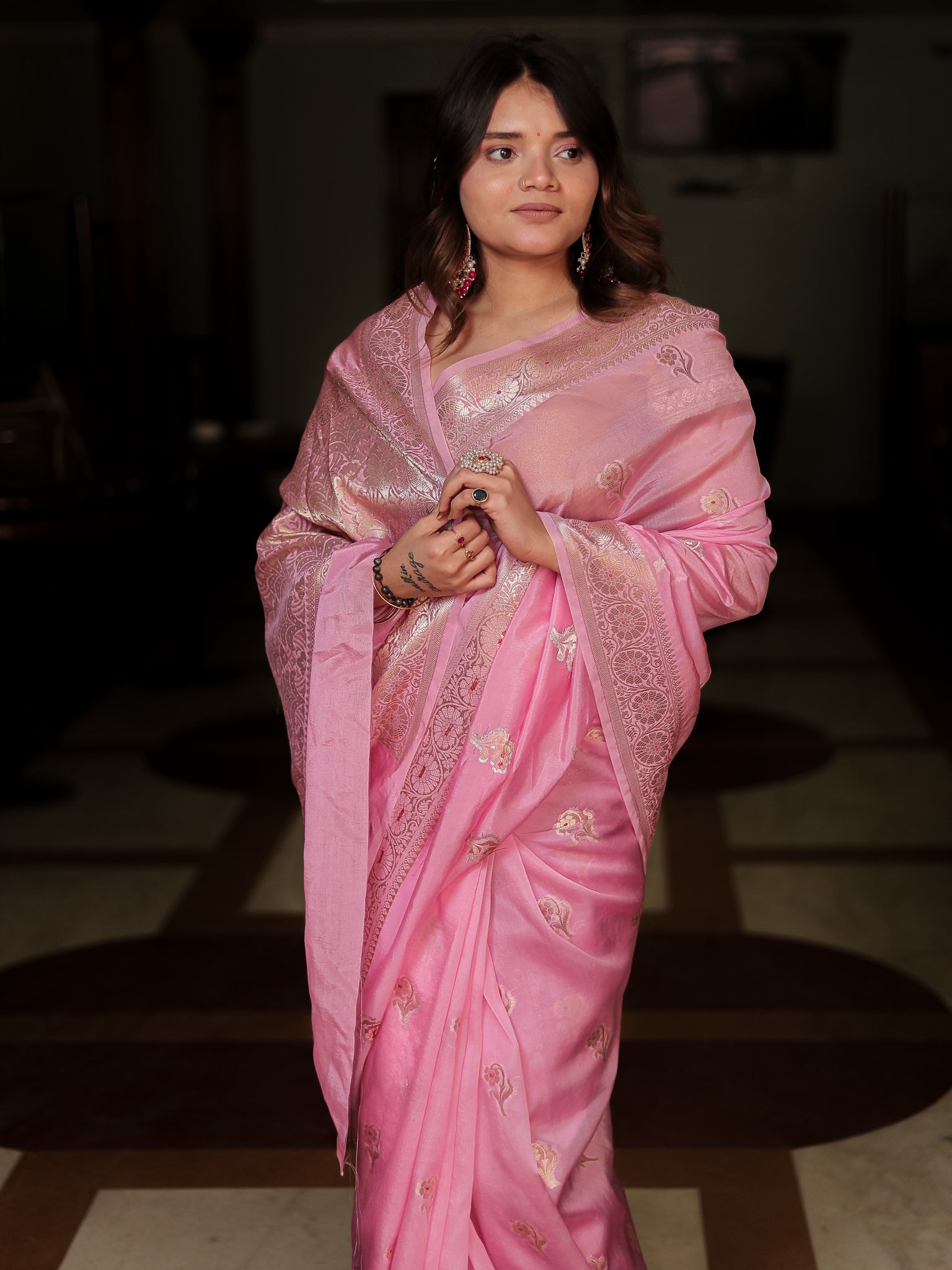 Banarasi Soft Cotton Saree with Floral Weaving & Border- Pink