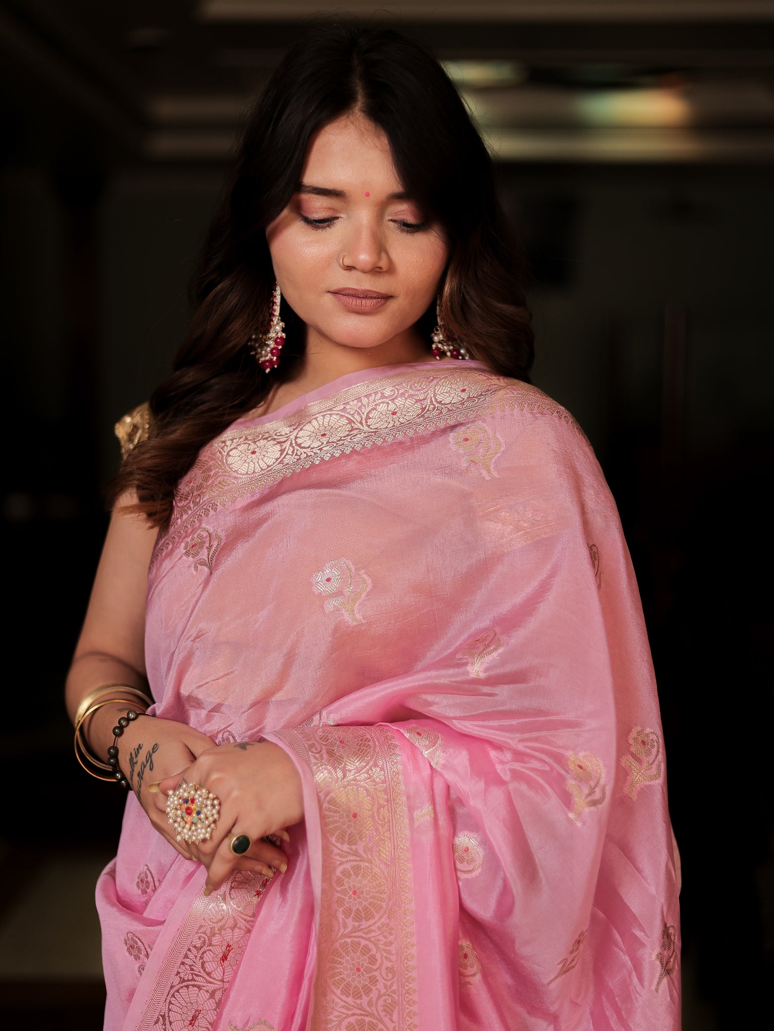 Banarasi Soft Cotton Saree with Floral Weaving & Border- Pink