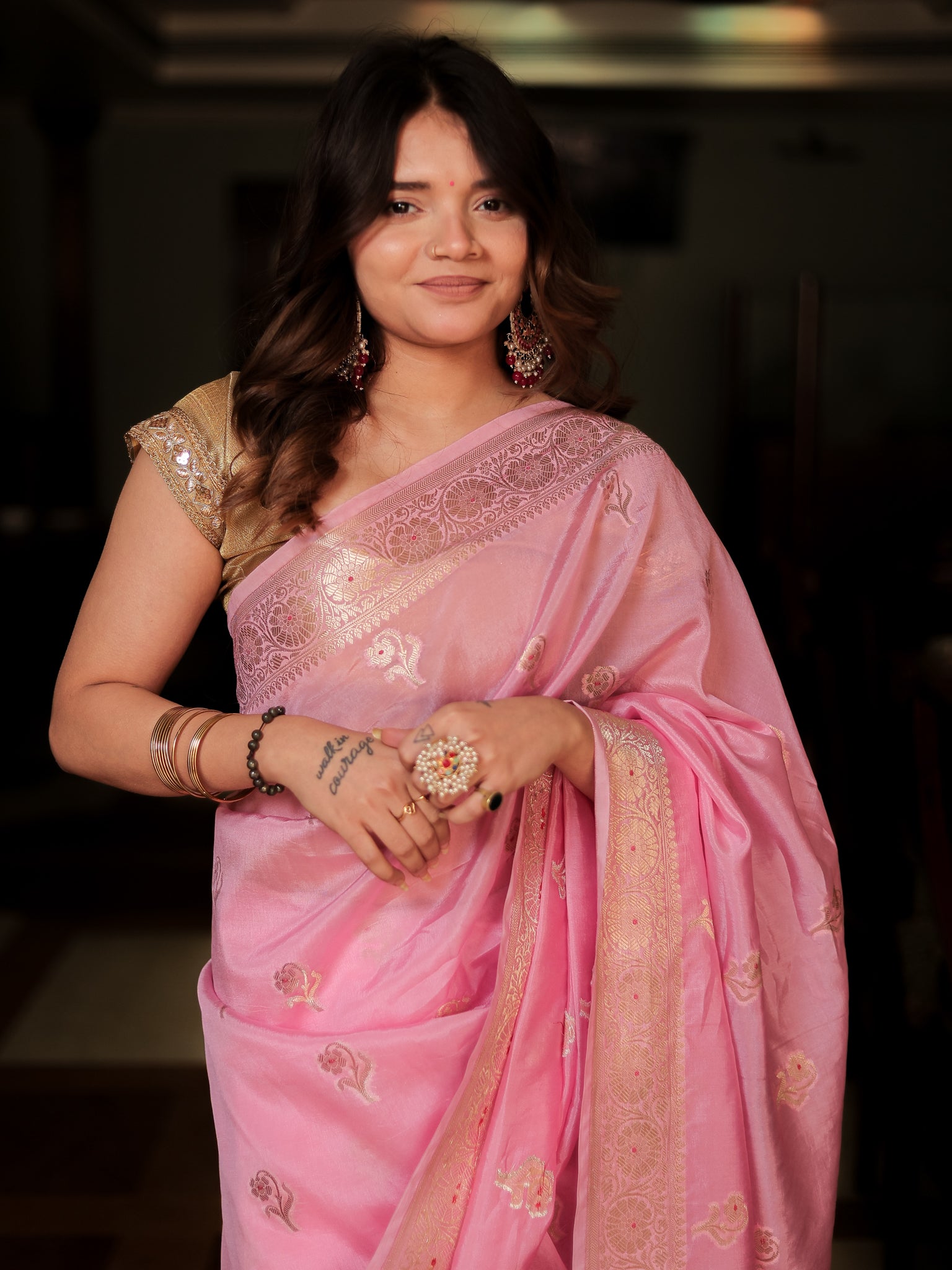 Banarasi Soft Cotton Saree with Floral Weaving & Border- Pink