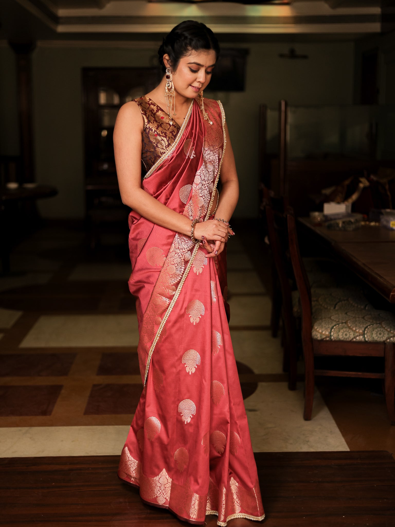 Banarasi Semi Silk Saree With Weaving & Lace Border- Pink