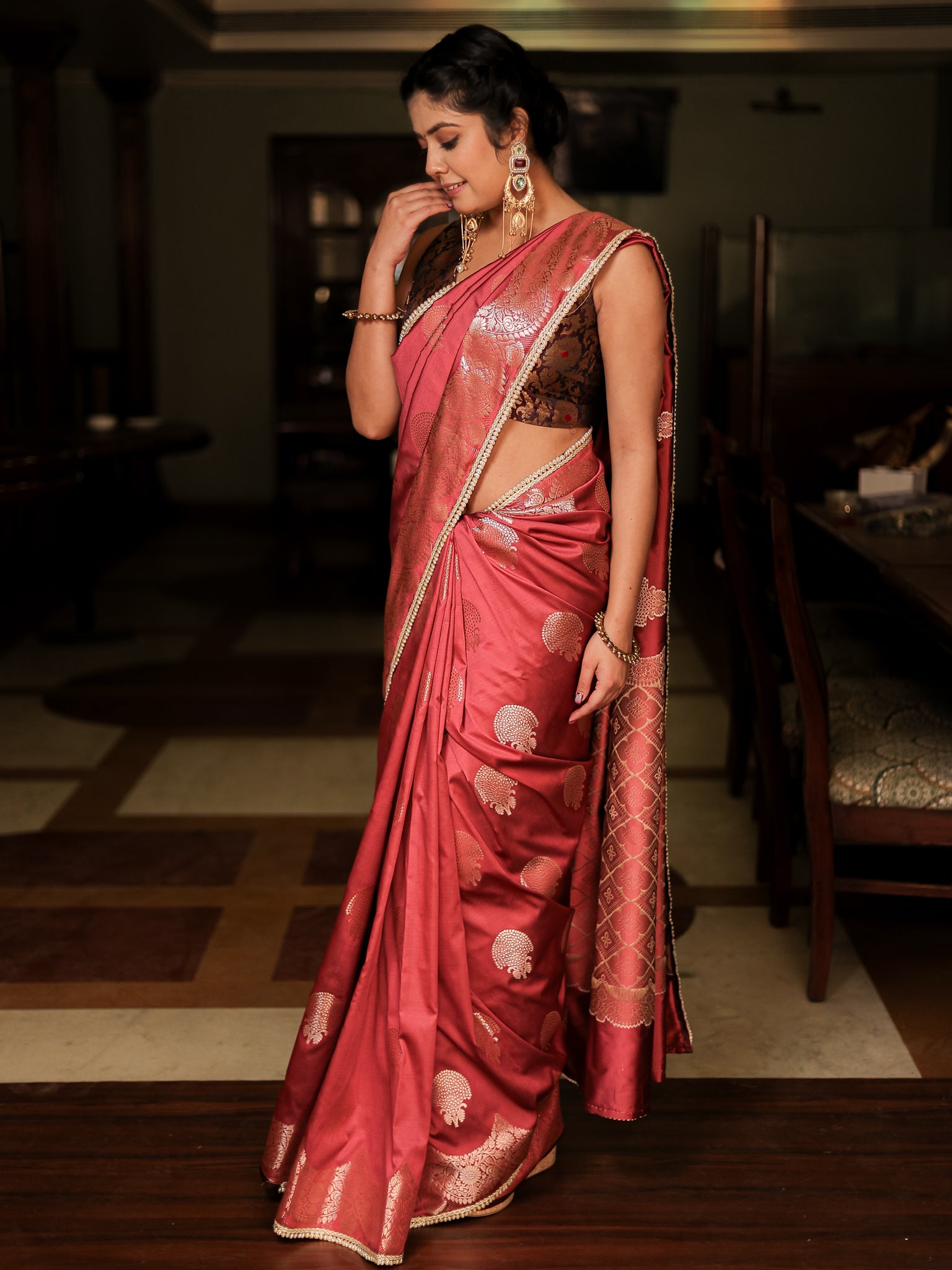 Banarasi Semi Silk Saree With Weaving & Lace Border- Pink