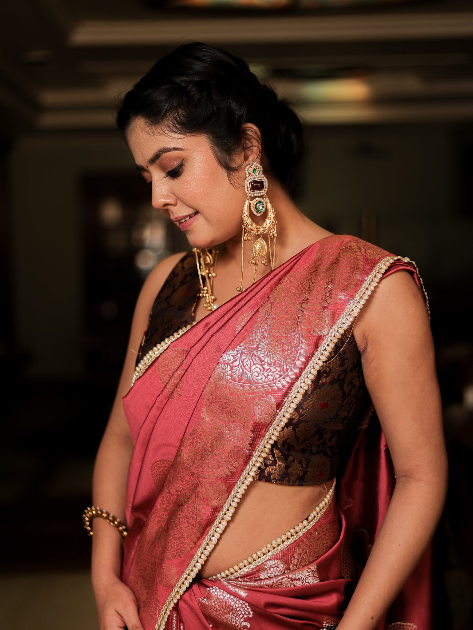 Banarasi Semi Silk Saree With Weaving & Lace Border- Pink