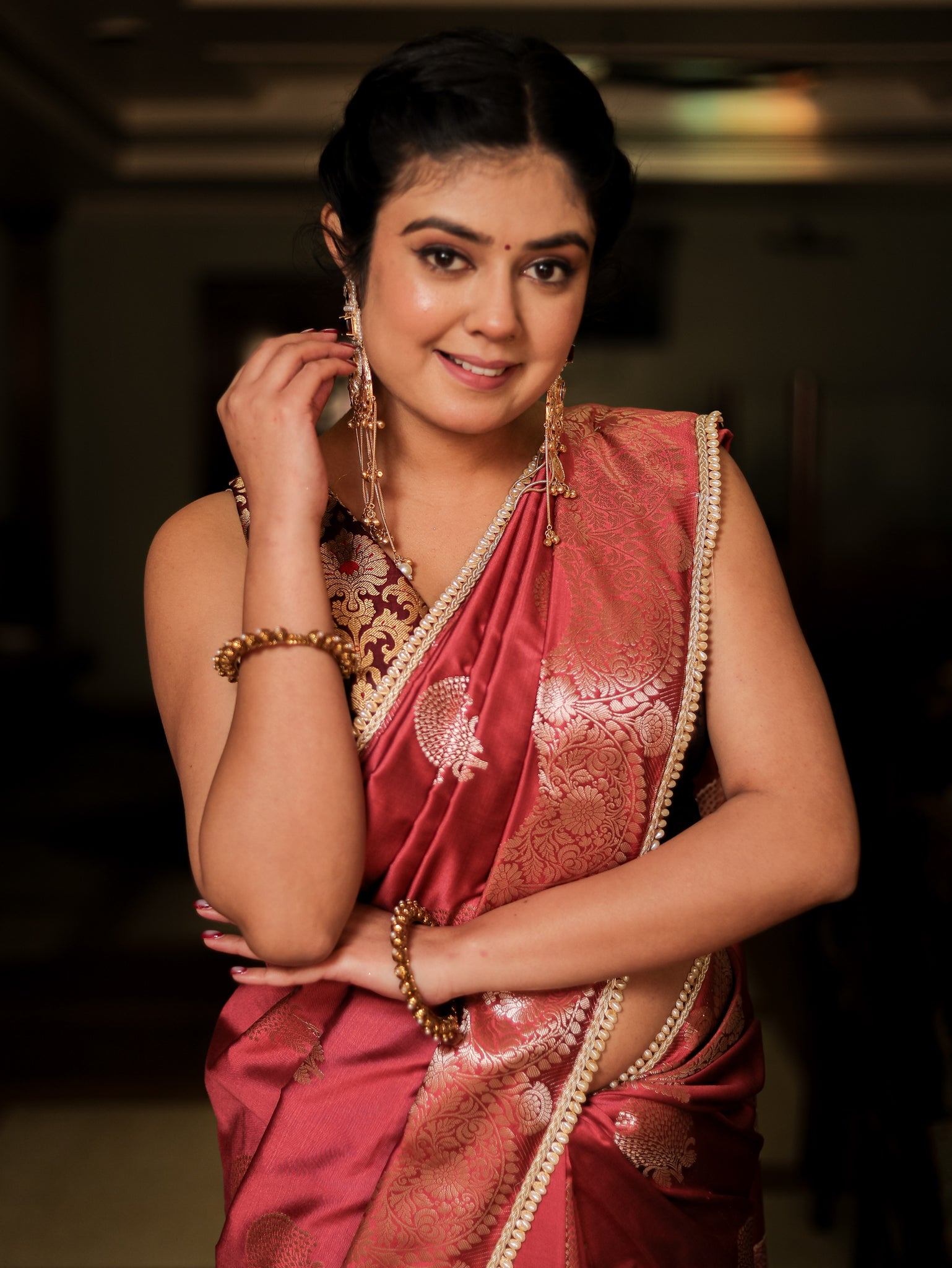 Banarasi Semi Silk Saree With Weaving & Lace Border- Pink