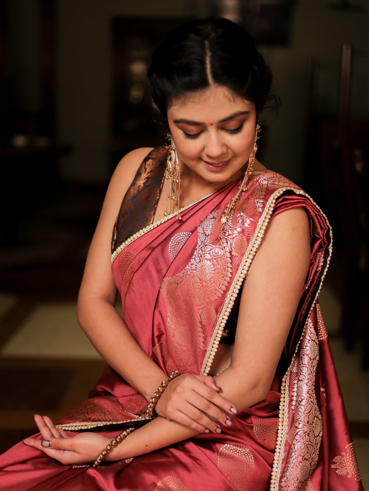 Banarasi Semi Silk Saree With Weaving & Lace Border- Pink