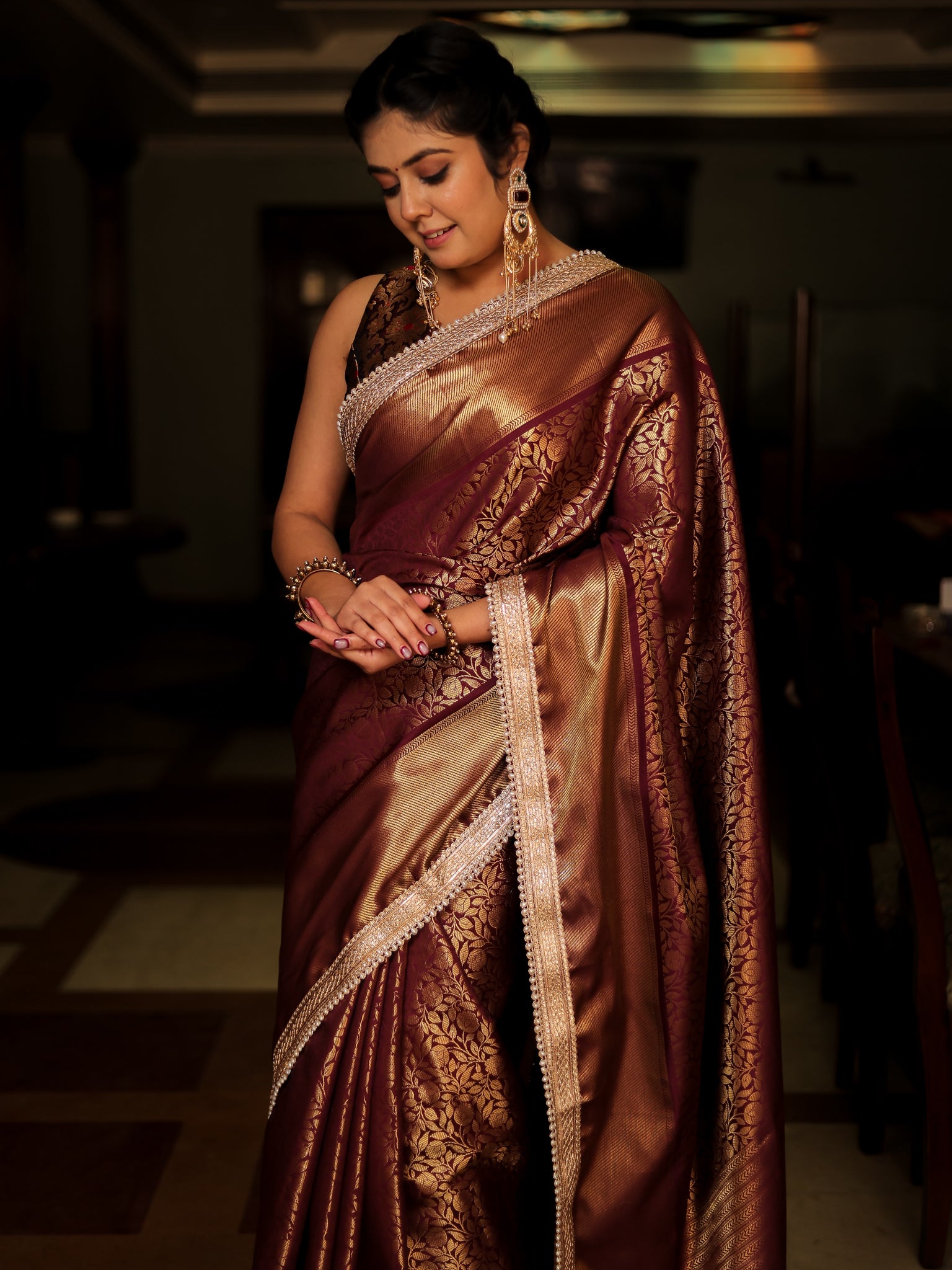 Brown Zari Banarasi Tissue Saree with Weaving & Lace Border