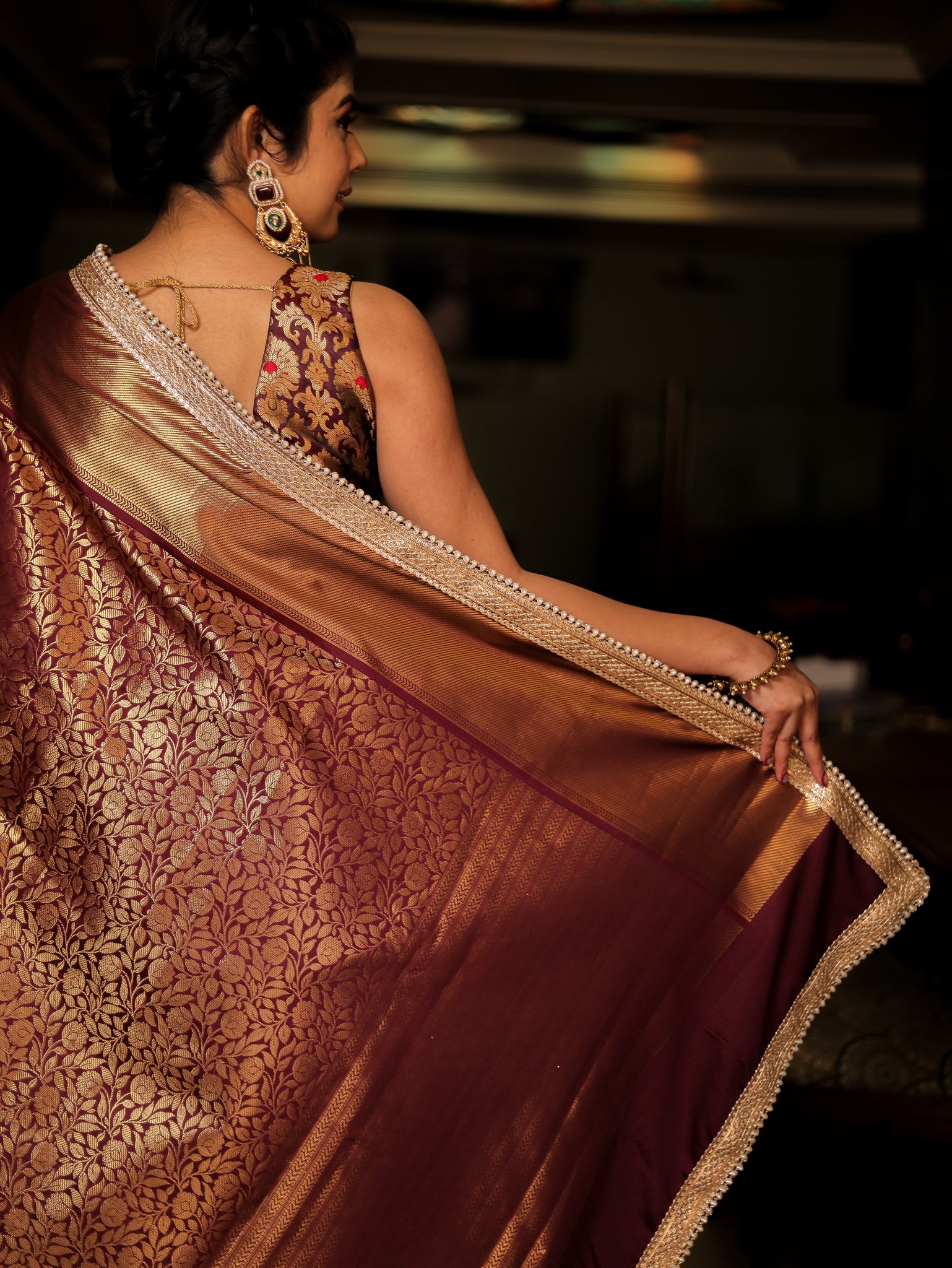 Brown Zari Banarasi Tissue Saree with Weaving & Lace Border