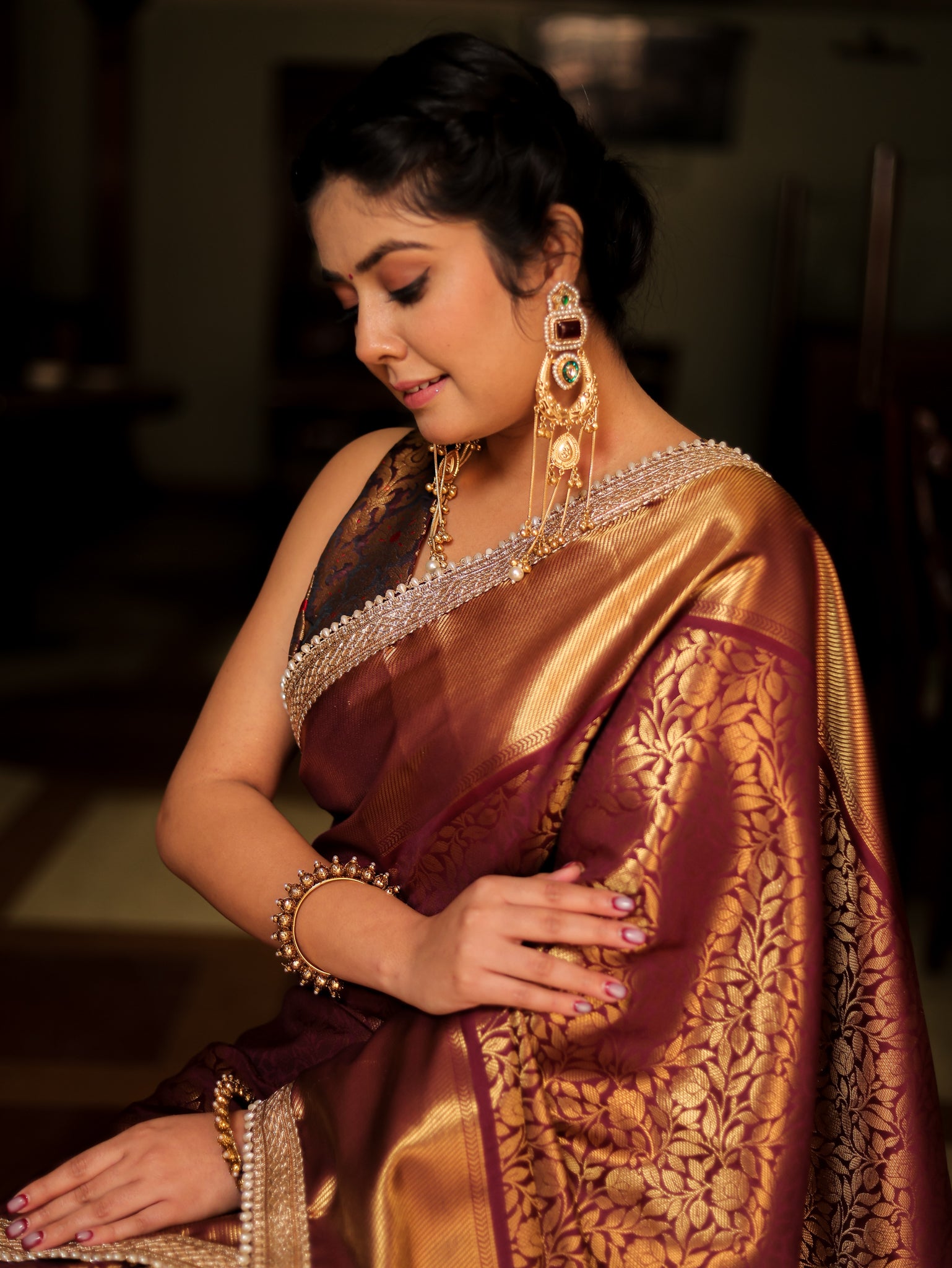 Brown Zari Banarasi Tissue Saree with Weaving & Lace Border