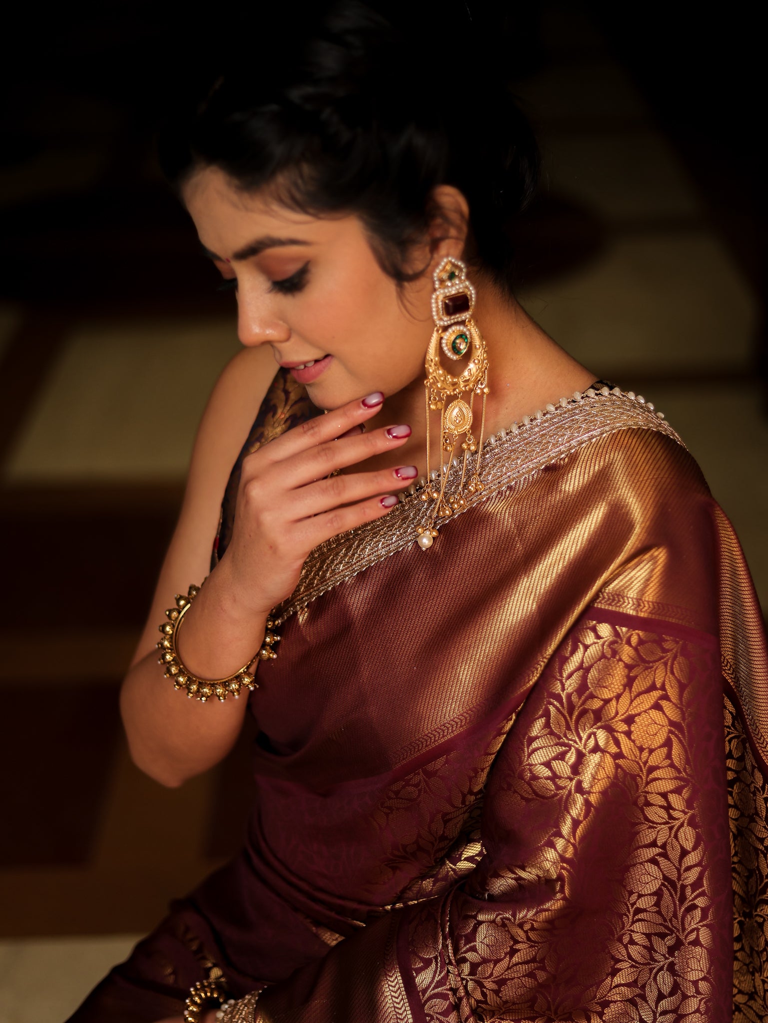 Brown Zari Banarasi Tissue Saree with Weaving & Lace Border