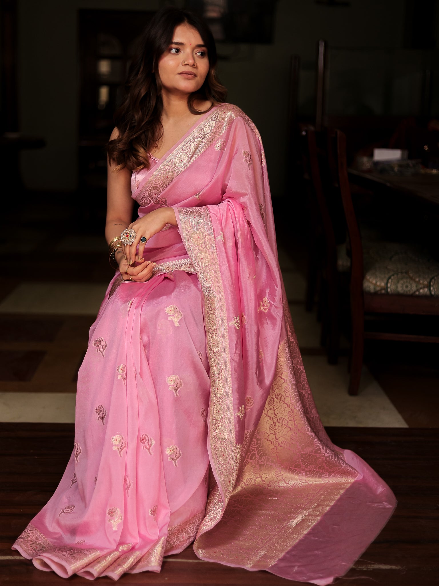 Banarasi Soft Cotton Saree with Floral Weaving & Border- Pink