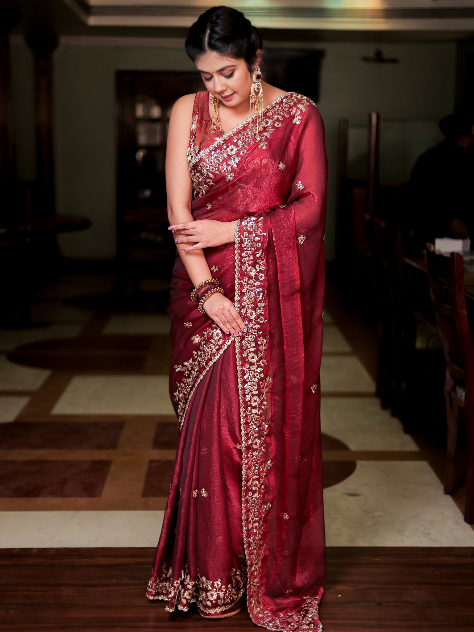 Red Embroidered Tissue Banarasi Cocktail Saree with Lace Border