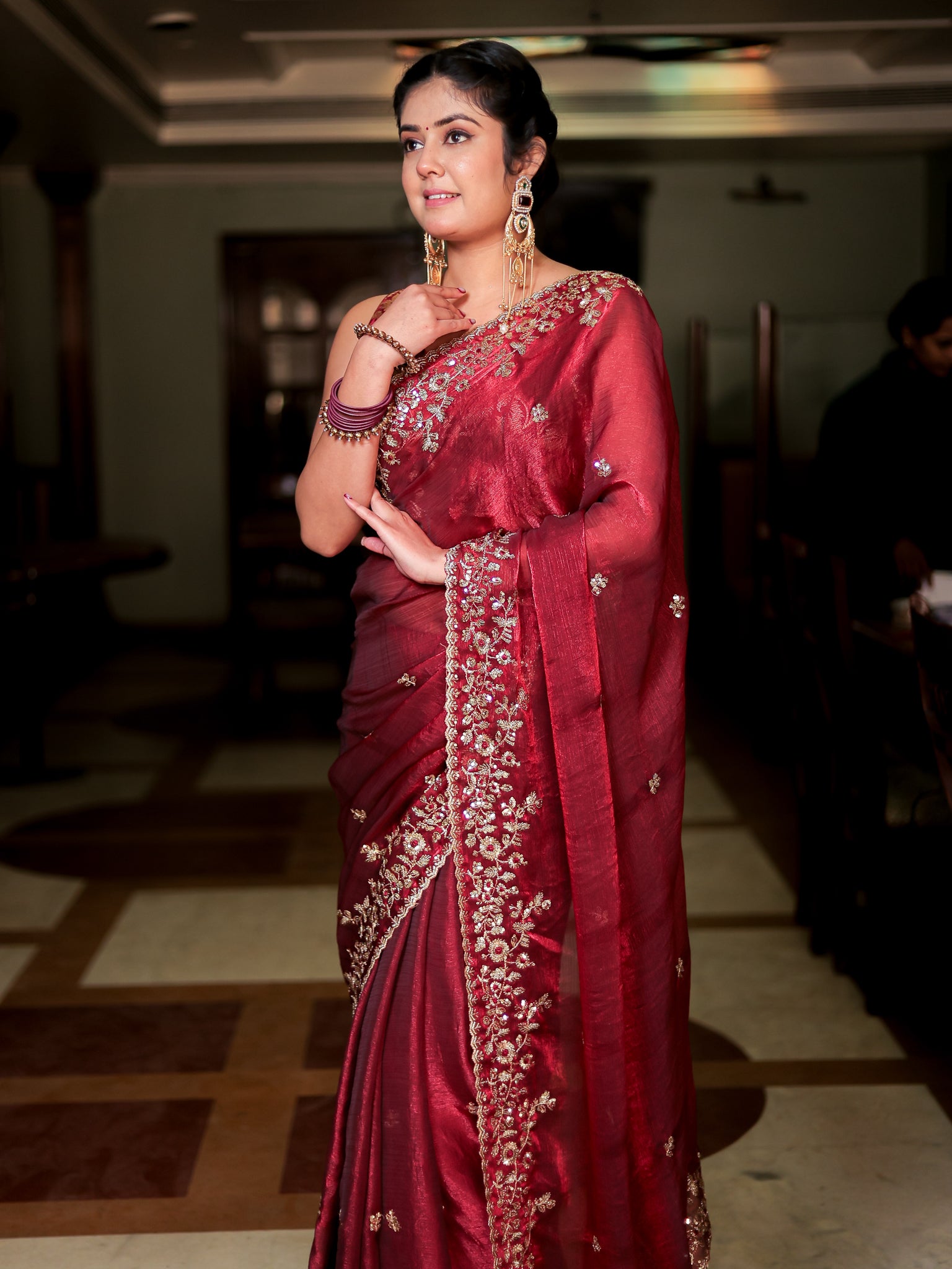 Red Embroidered Tissue Banarasi Cocktail Saree with Lace Border