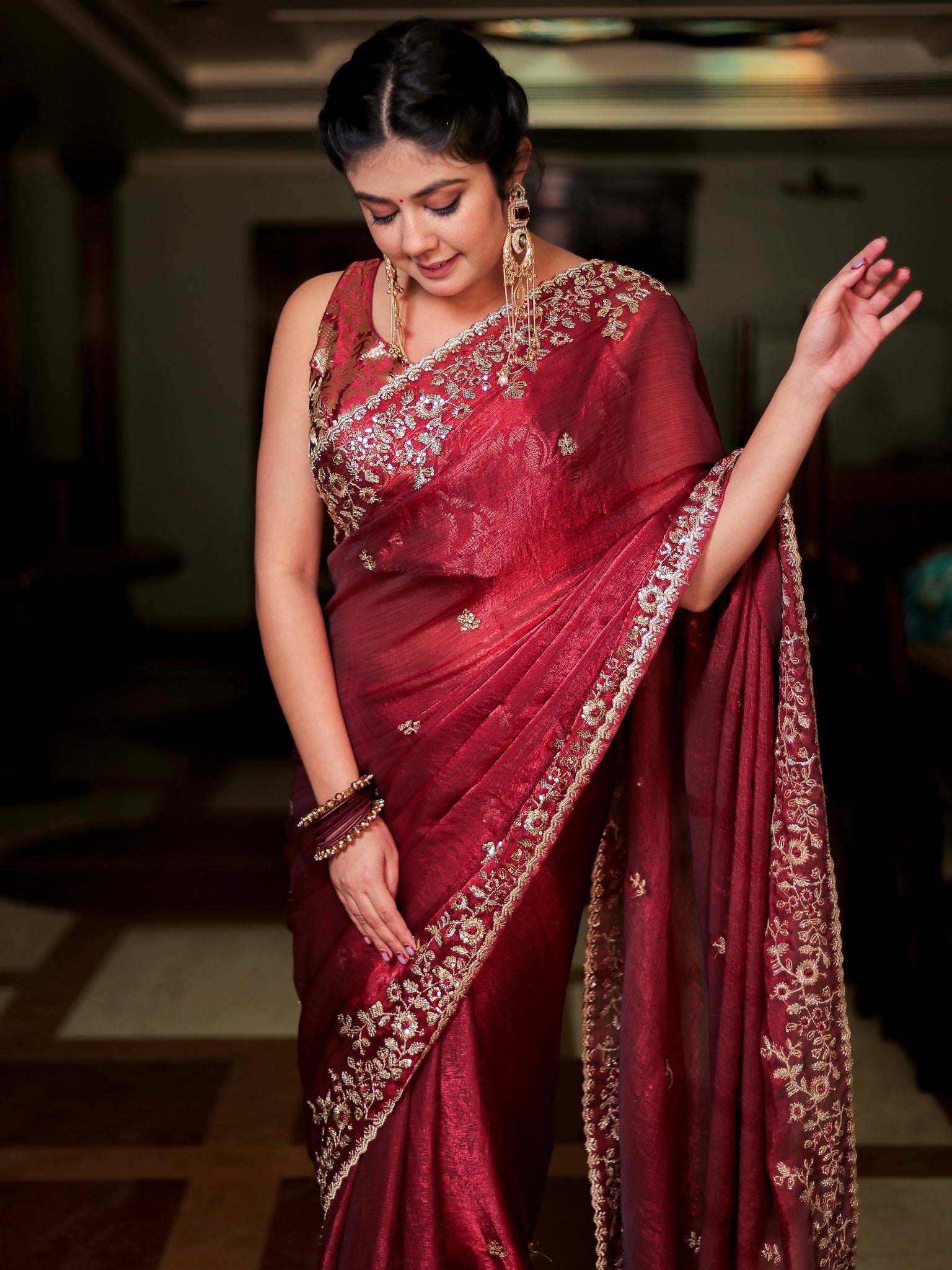 Red Embroidered Tissue Banarasi Cocktail Saree with Lace Border